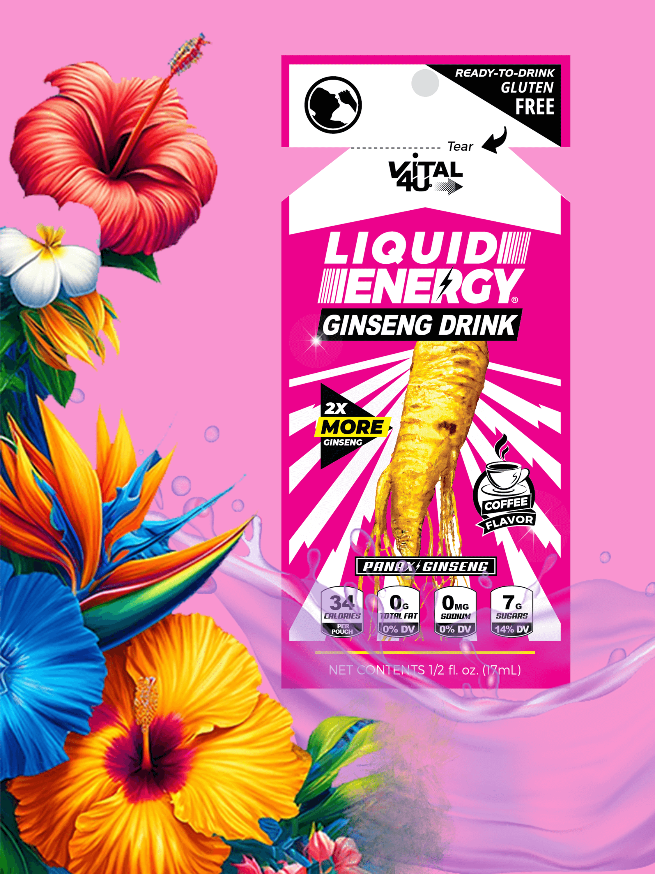 Vital 4U Liquid Energy Ginseng Drink package with colorful flowers on a pink background.