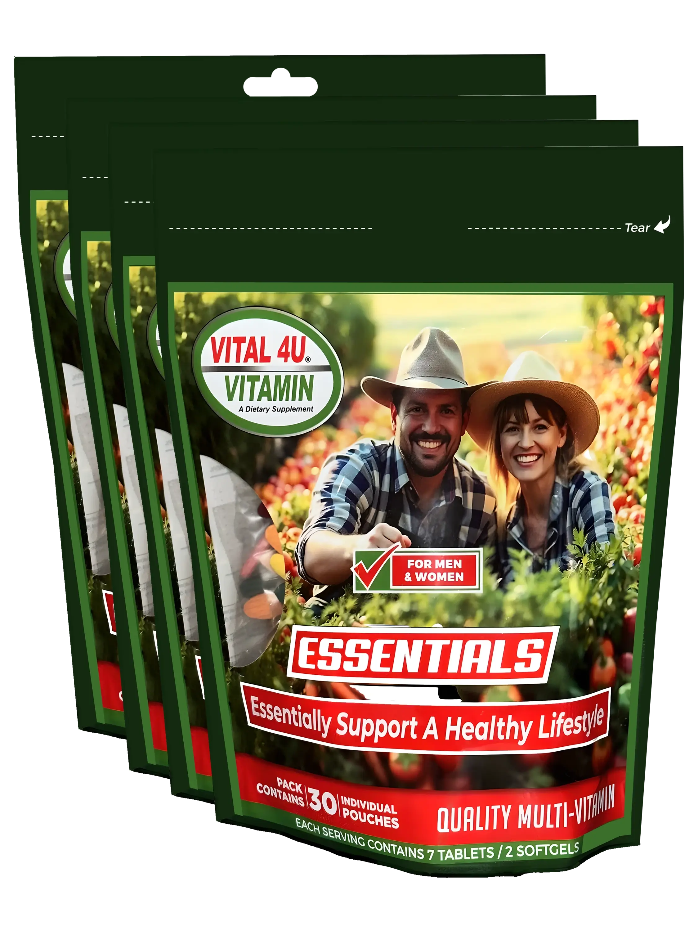 Four packages of Essential Vitamins containing 30 pouches each.