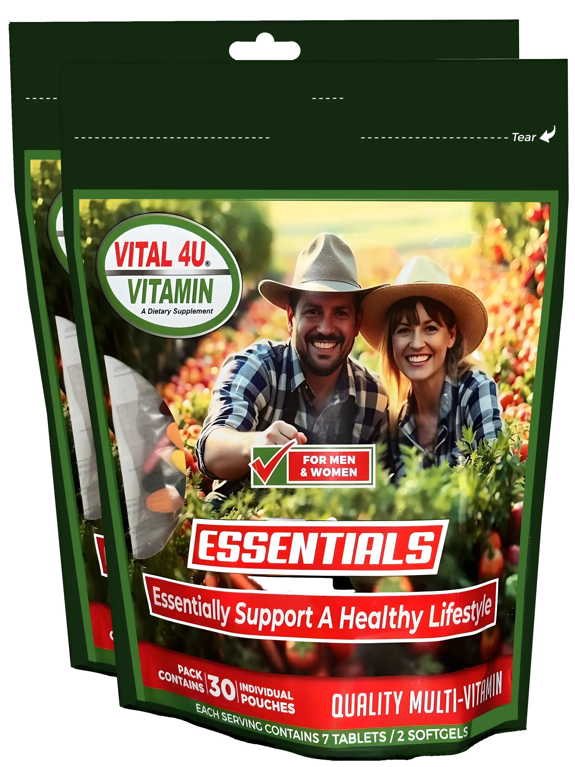 Two Vital 4U Vitamin Essentials package with a man and woman in a field on a white background.