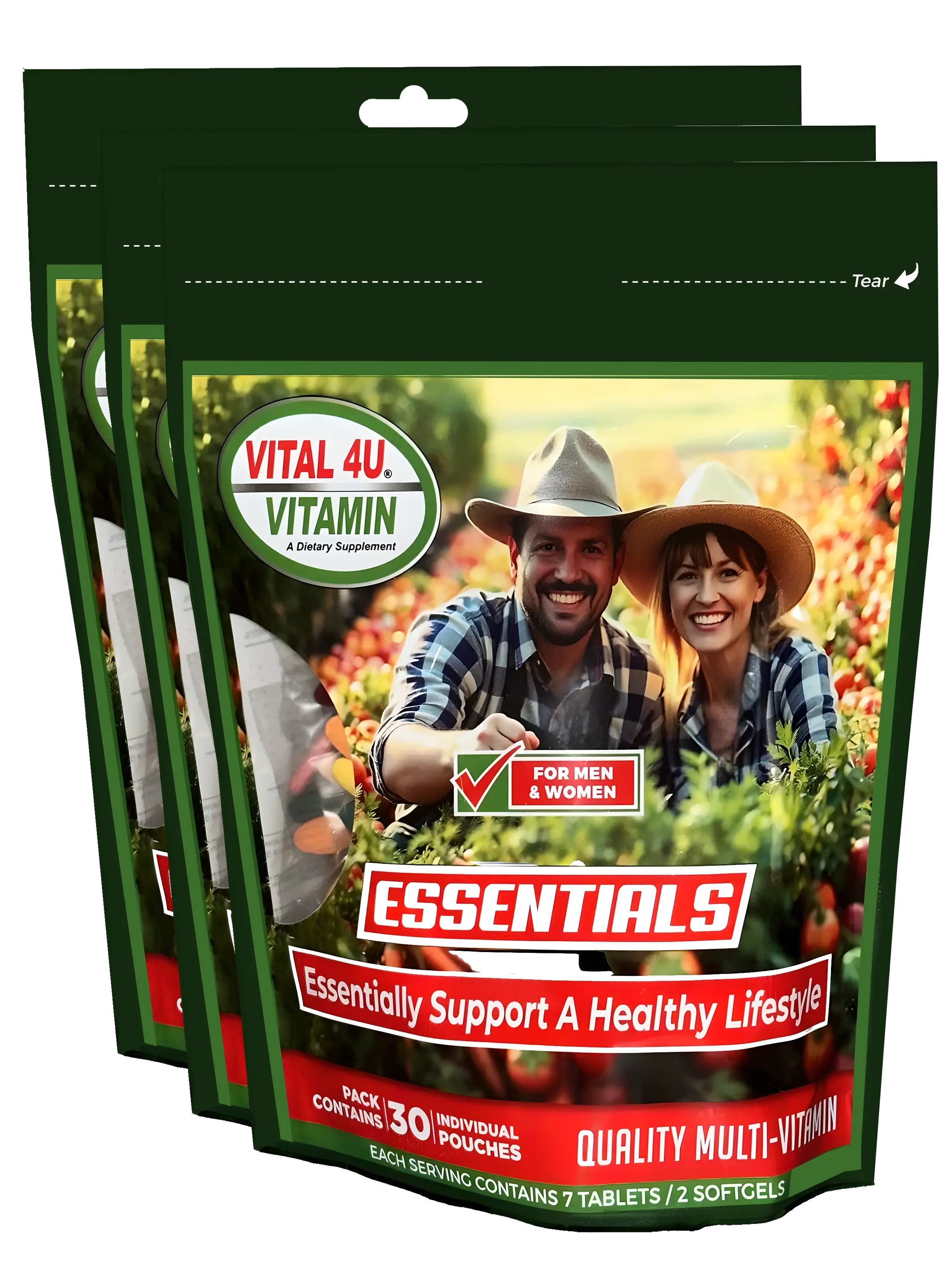 Three packages of Vital 4U Vitamin Essentials with a man and woman in a field on the label.