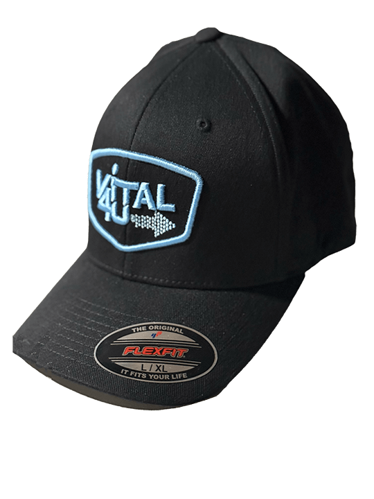 The side view of a black flex fit cap with blue embroidered Vital 4U logo.