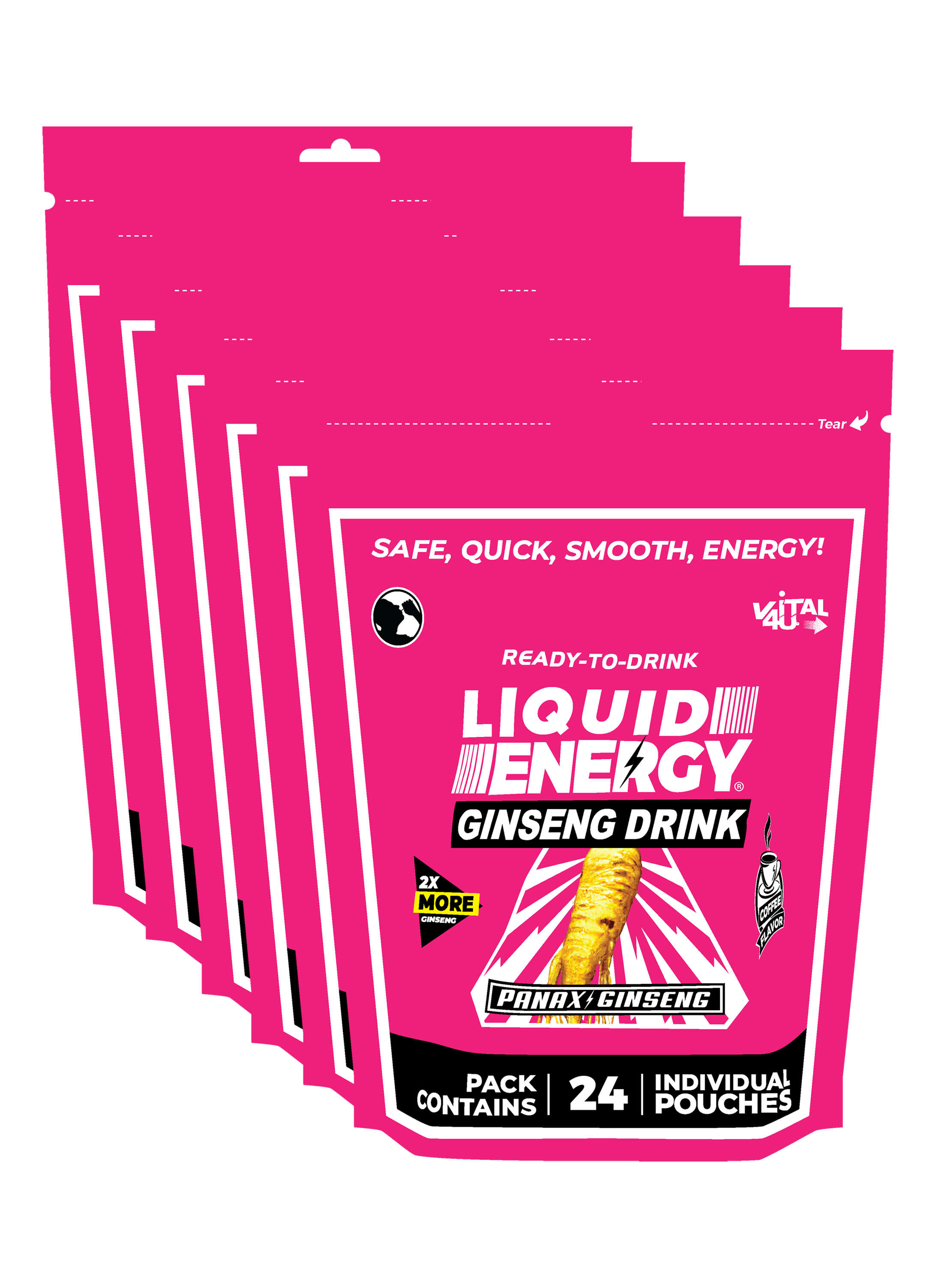 Six pink packages each containing 24 pouches of Liquid Energy coffee flavor Ginseng Drink.