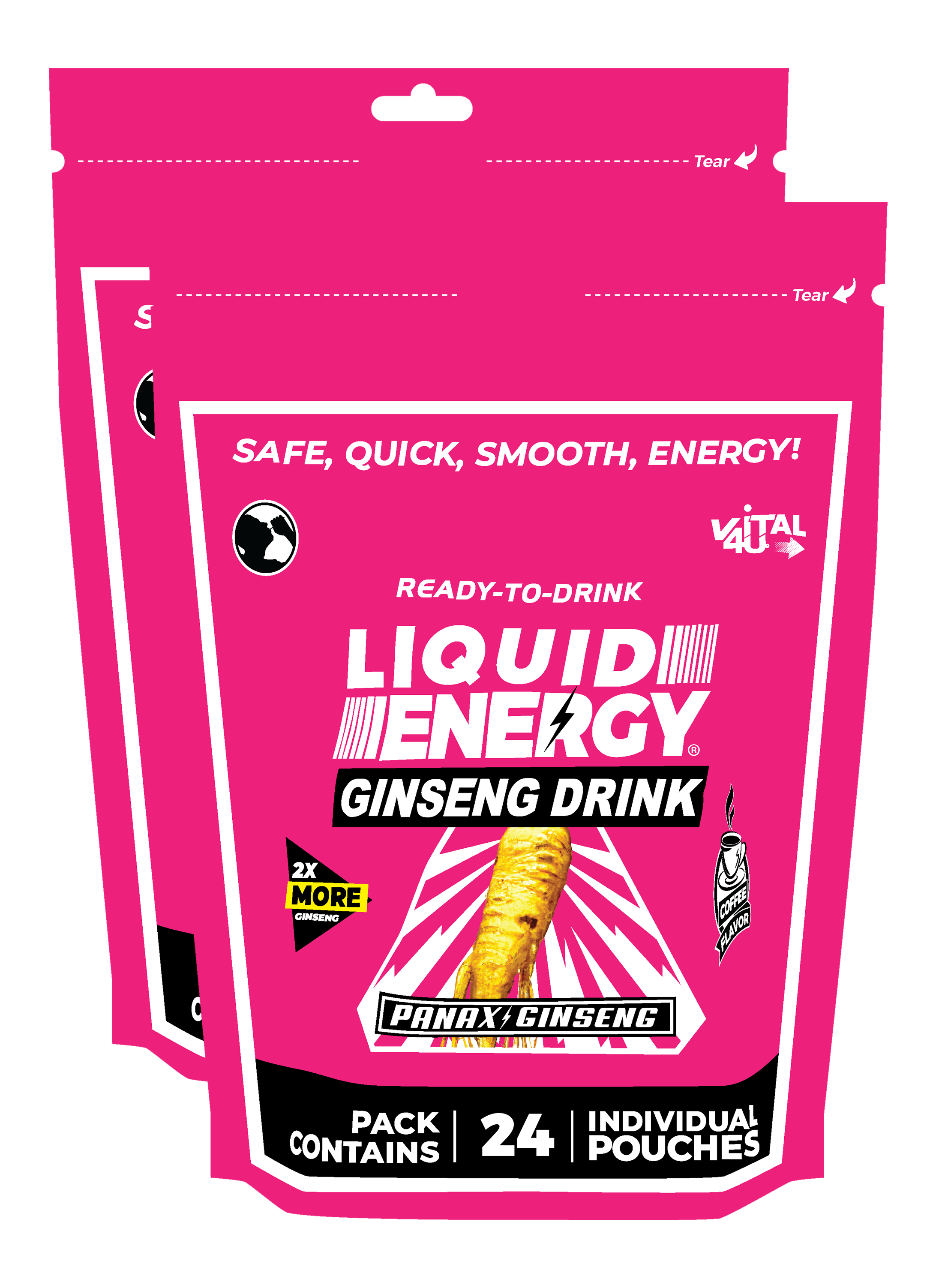 Two pink packages each containing 24 pouches of Liquid Energy coffee flavor Ginseng Drink.