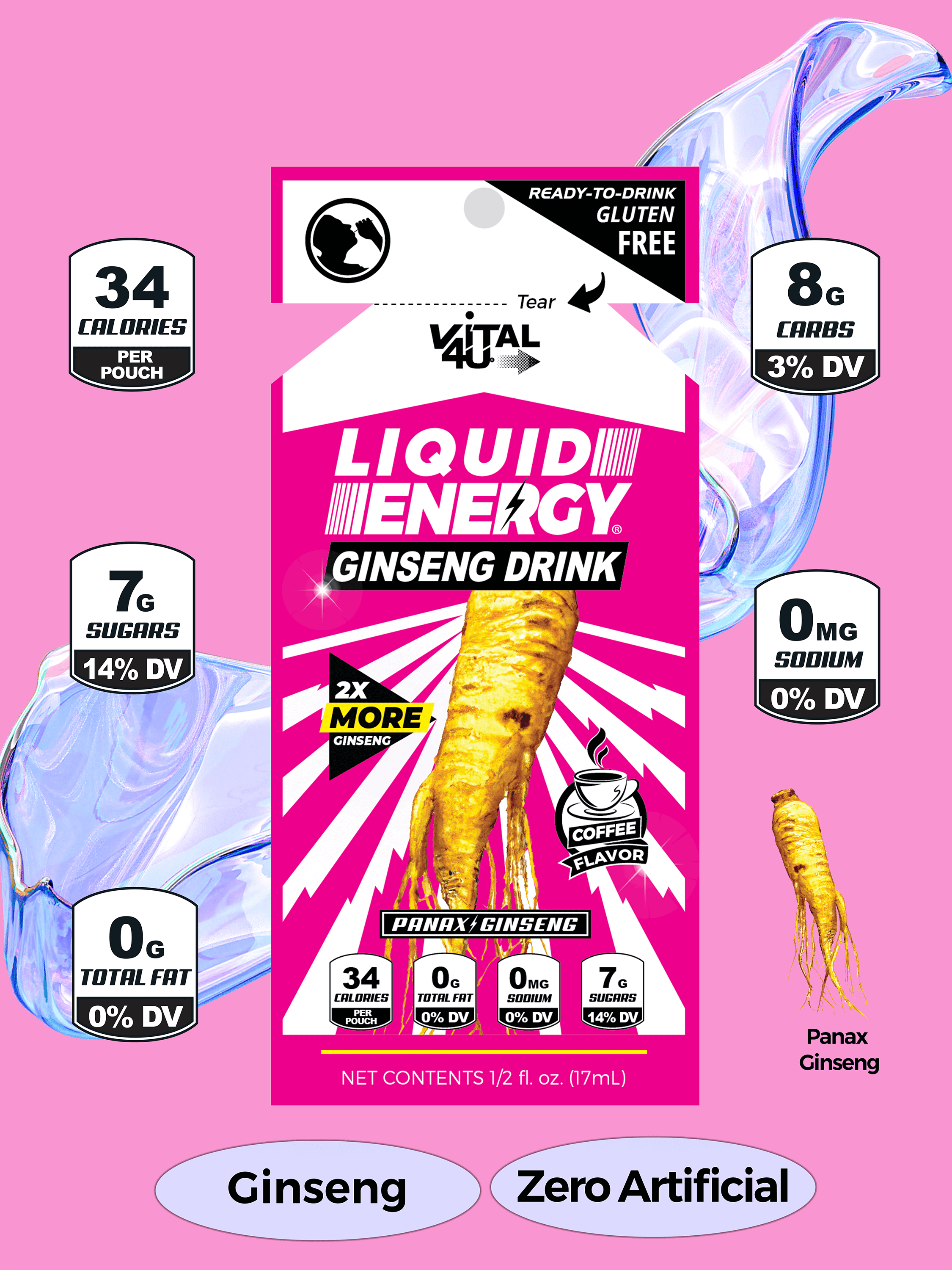 Vital4U coffee flavor Liquid Energy Ginseng drink package on a pink background with nutrition fact bubbles.