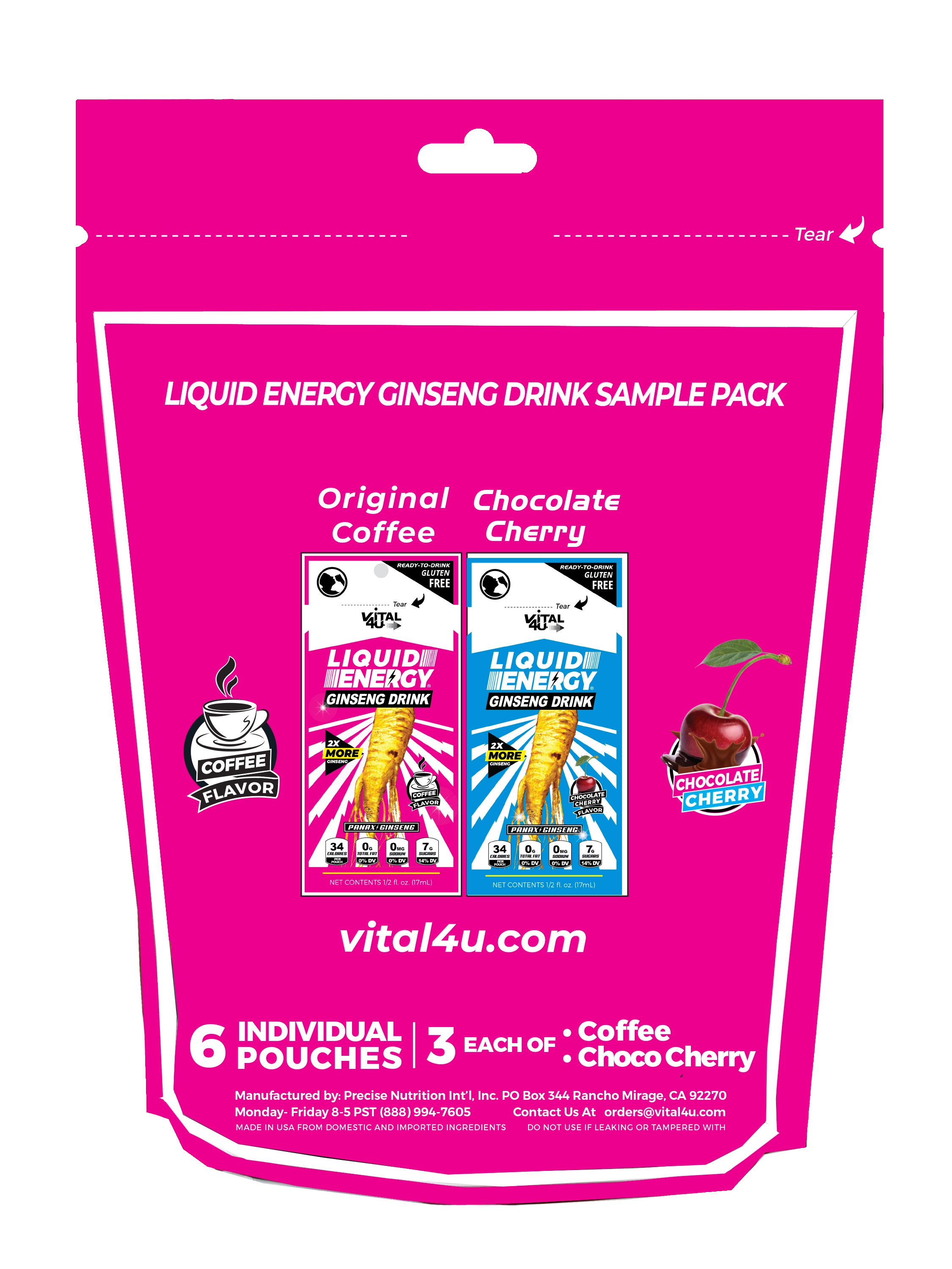 The back packaging of the Vital 4U Liquid Energy with ginseng sample pack featuring chocolate cherry and coffee flavors.