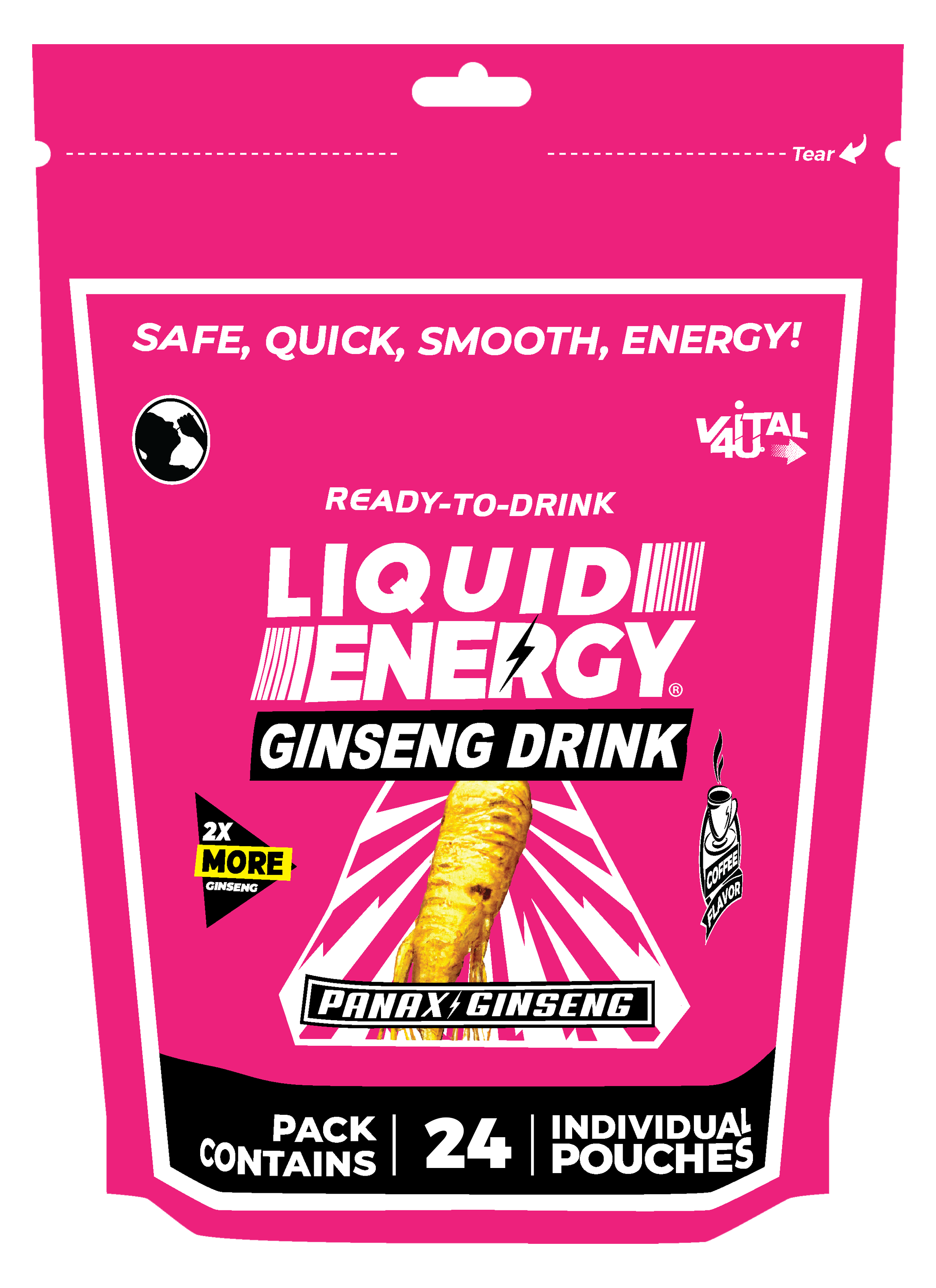 A pink package containing 24 pouches of Liquid Energy coffee flavor Ginseng Drink.