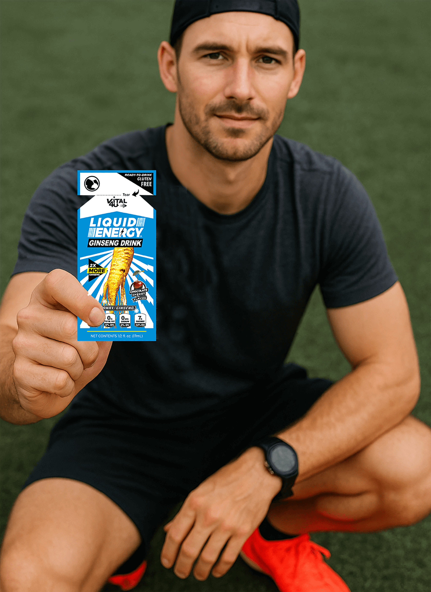 A male with orange running shoes holding a chocolate cherry flavored Liquid Energy pouch while crouching on the grass.