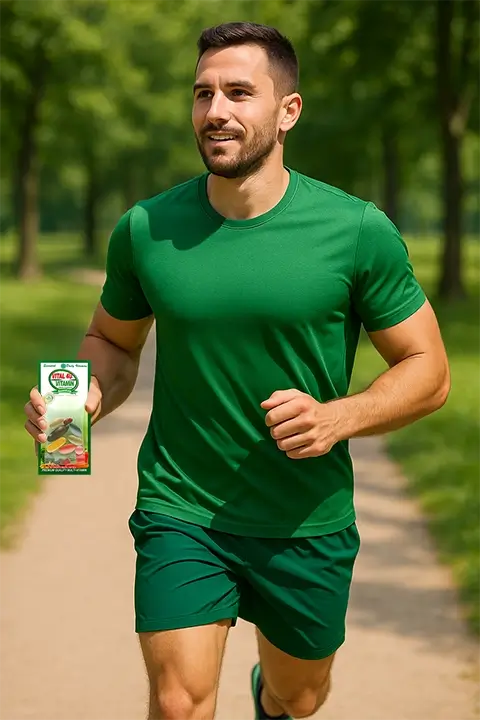Man running outdoors holding a green essential vitamin package.