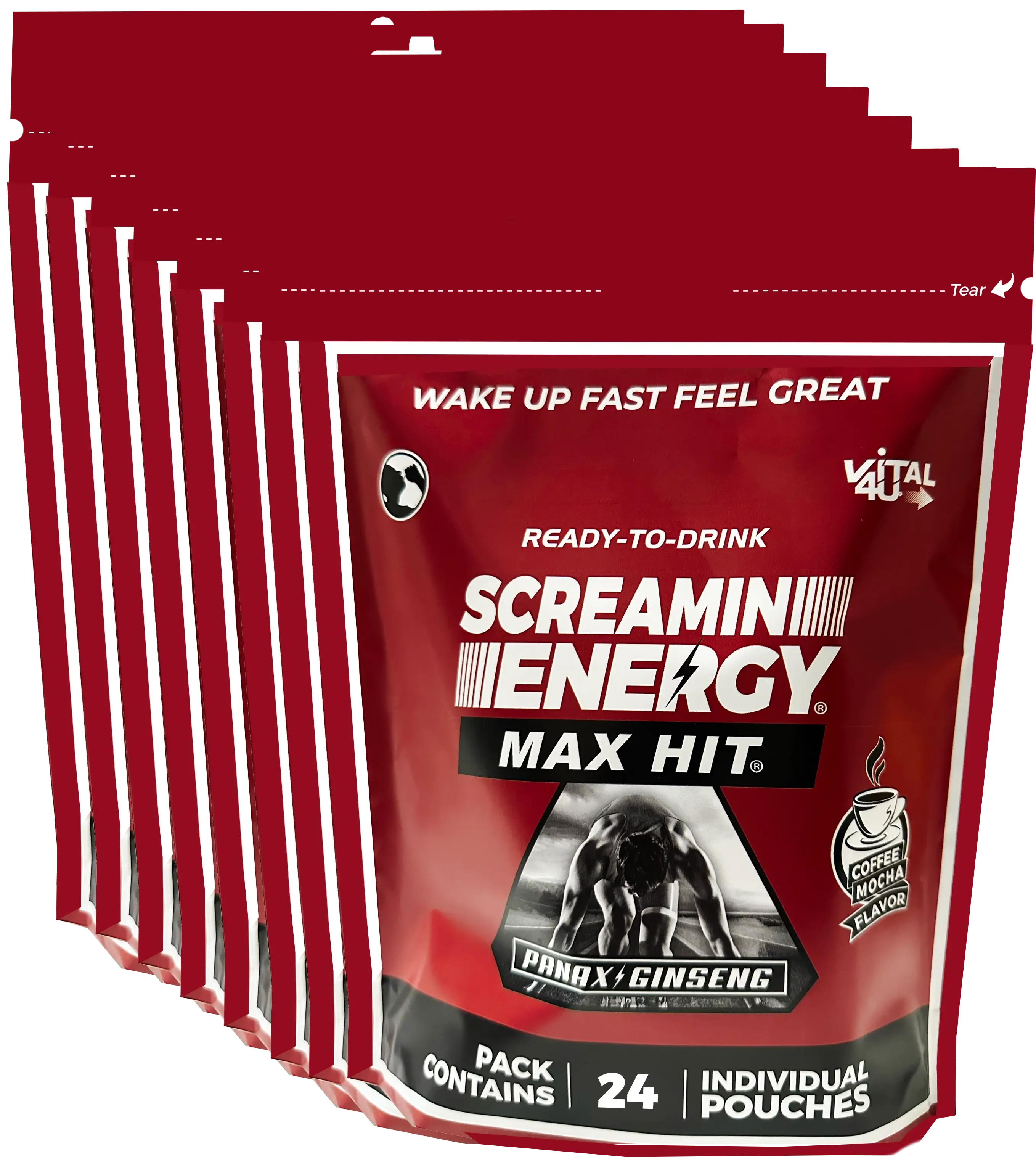 Eight red bags containing 24 pouches each of Vital 4U Screamin Energy Max Hit coffee flavored ginseng energy shots.