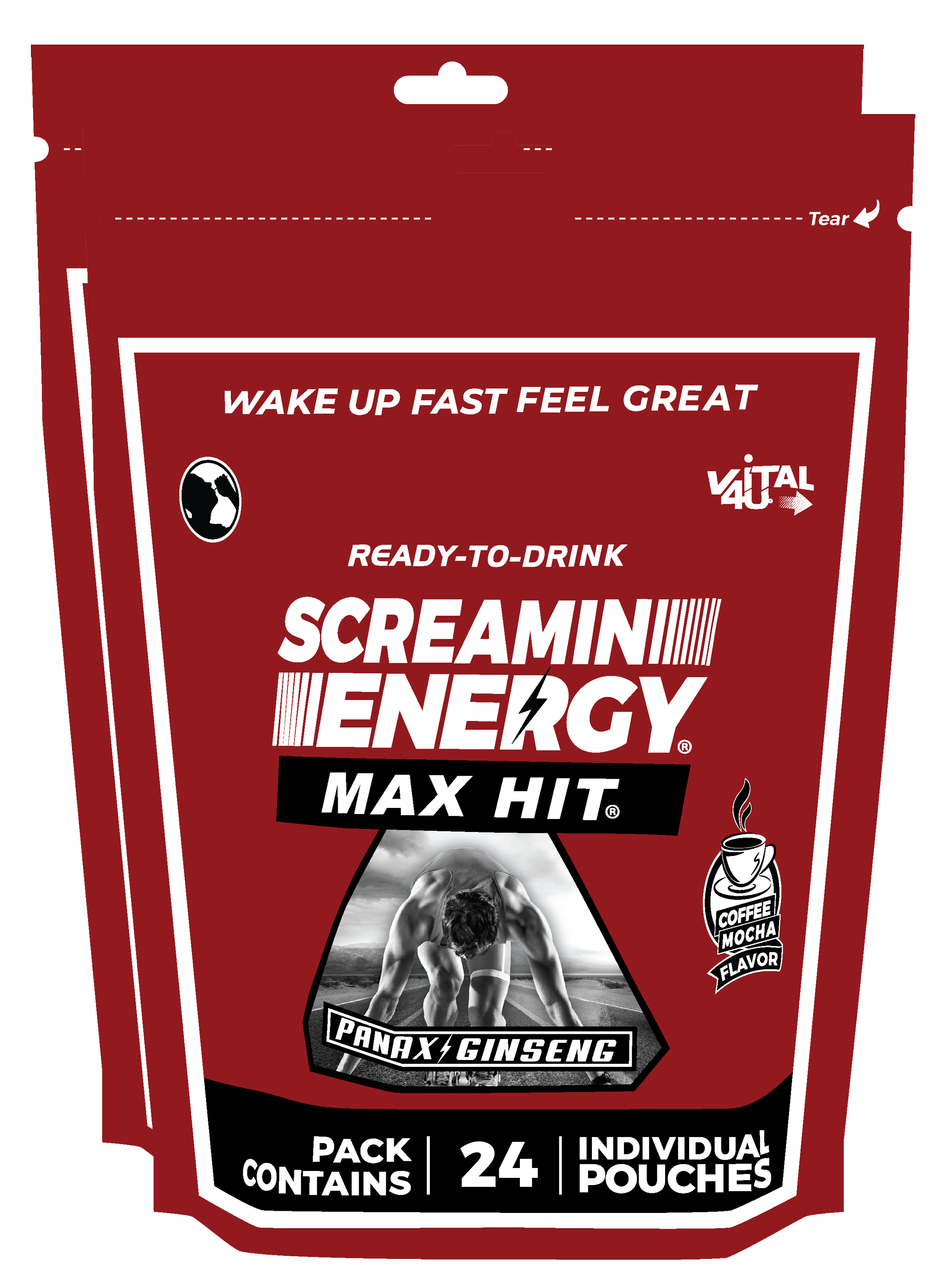 Two red bags containing 24 pouches each of Vital 4U Screamin Energy Max Hit coffee flavored ginseng energy shots.