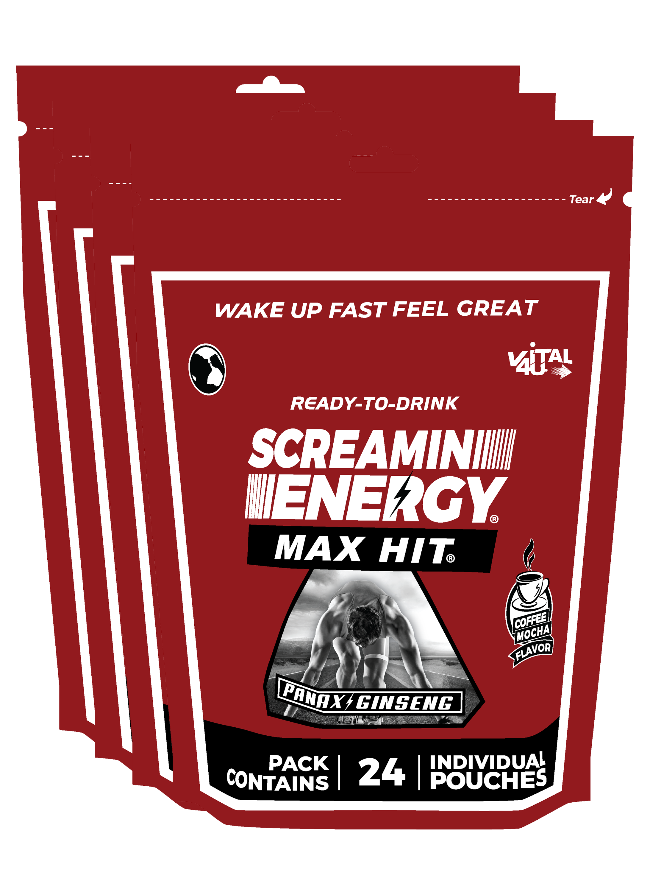 Four red bags containing 24 pouches each of Vital 4U Screamin Energy Max Hit coffee flavored ginseng energy shots.