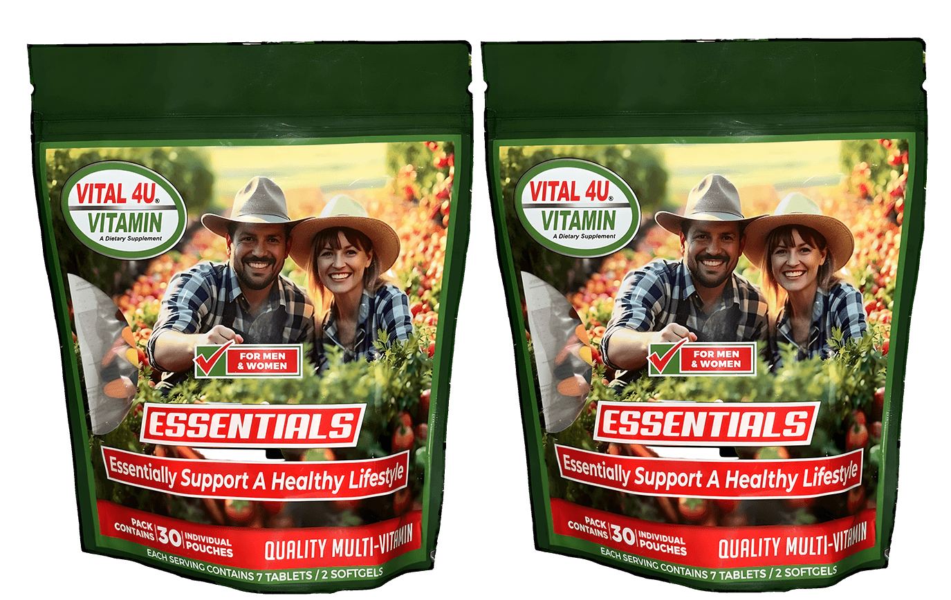 Two packages of Vital 4U multi Vitamin Essentials.