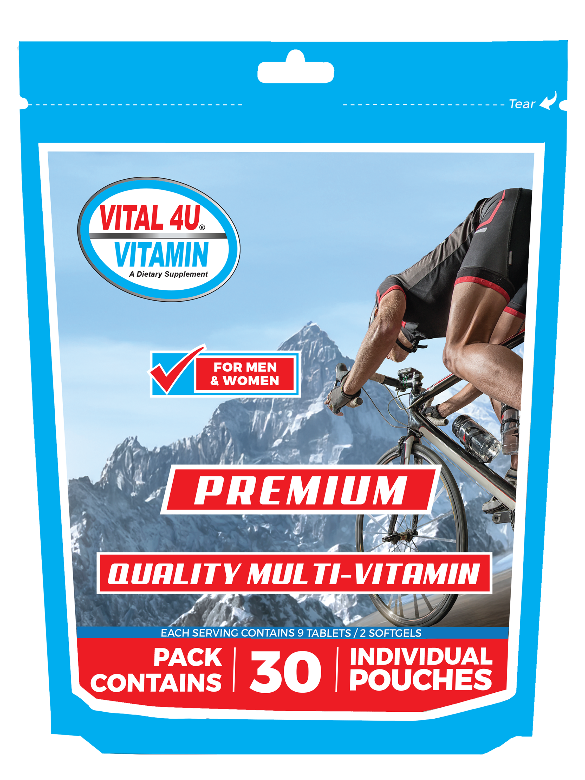 One package of Vital 4U Premium Vitamins with a mountain and cyclist design on the packaging.