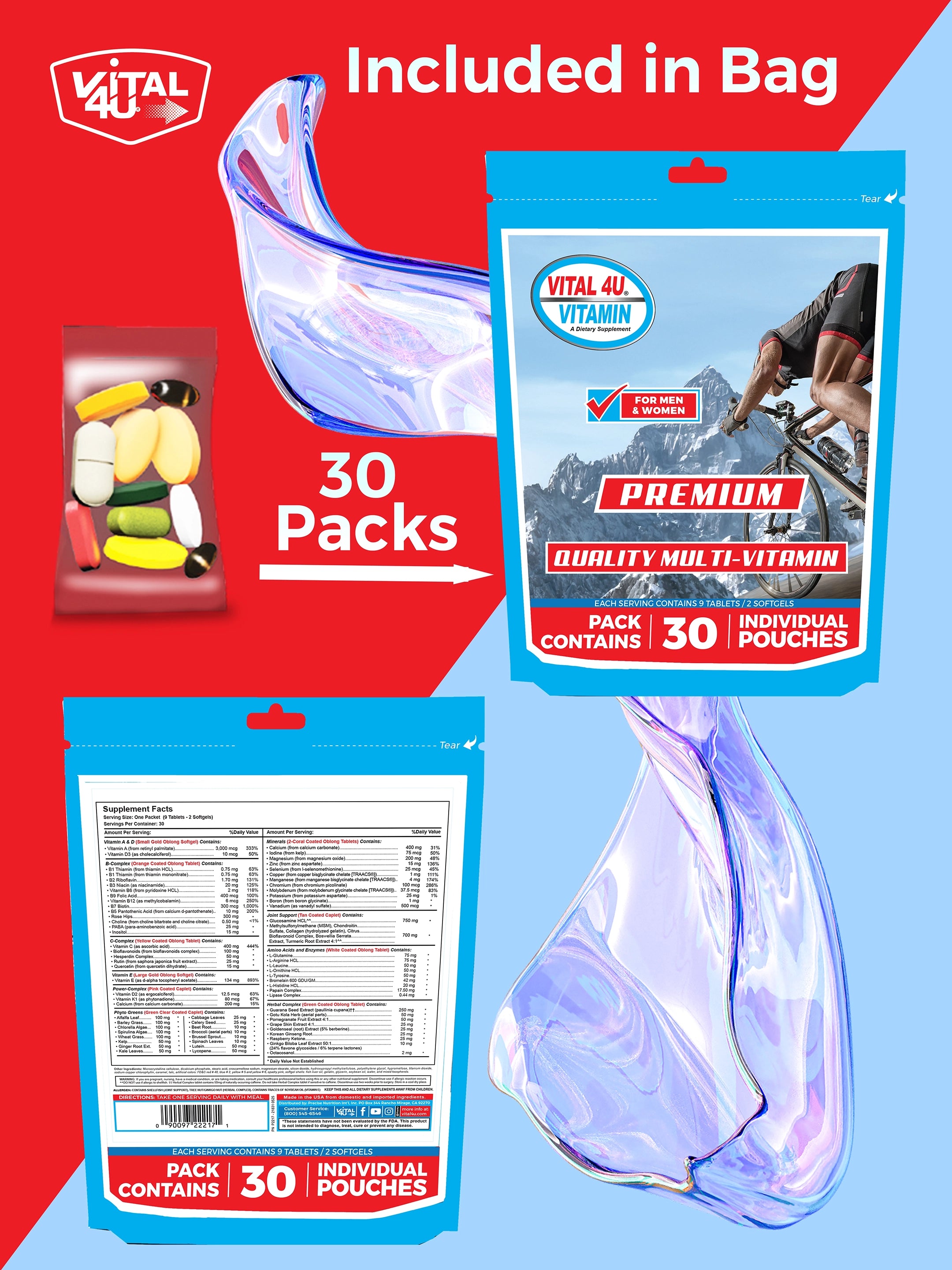 Premium Vitamin front and back of blue package and individual vitamin pack on a red and blue background.