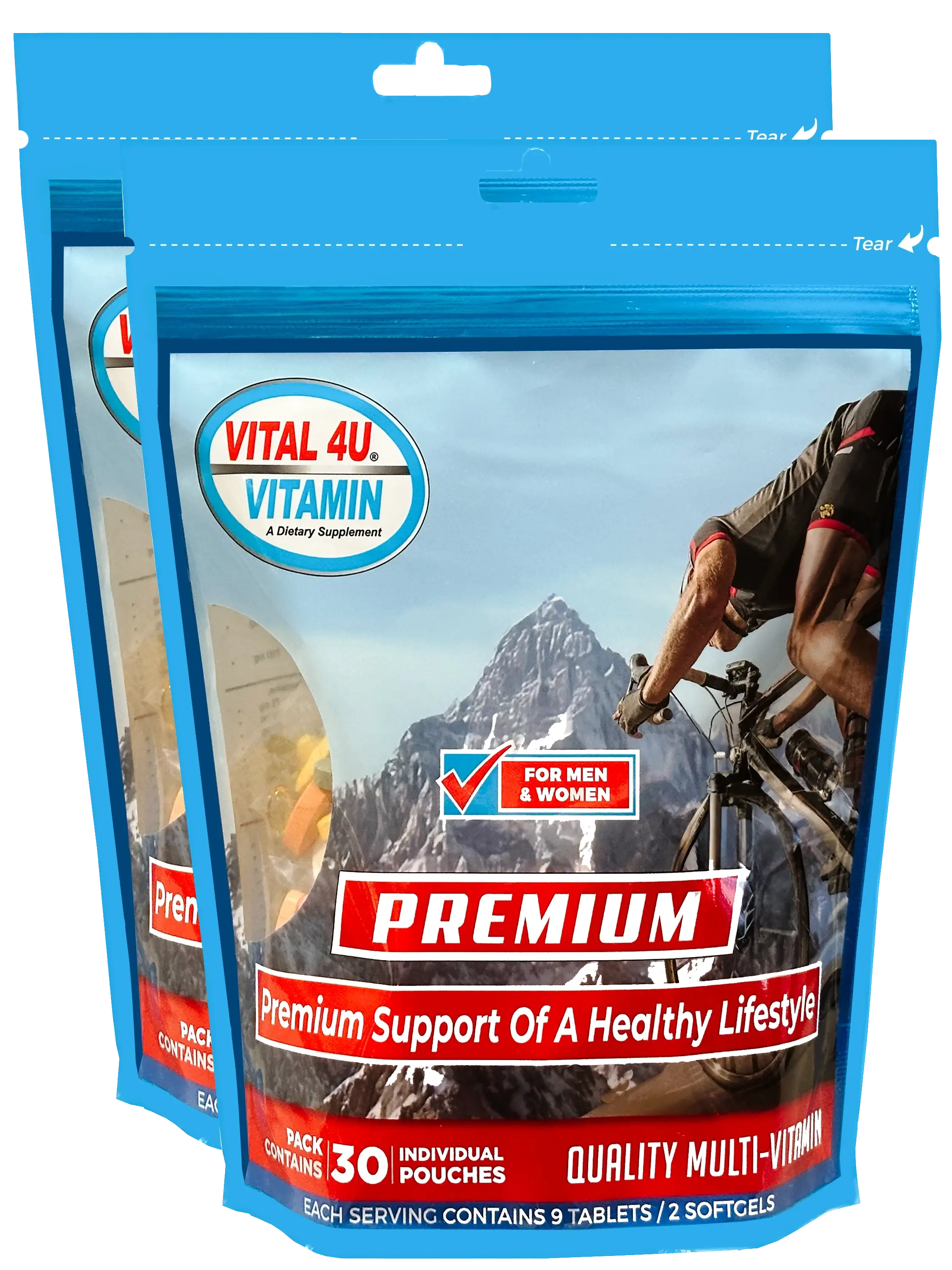 Two packages of Vital 4U Premium Vitamins containing 30 pouches each.