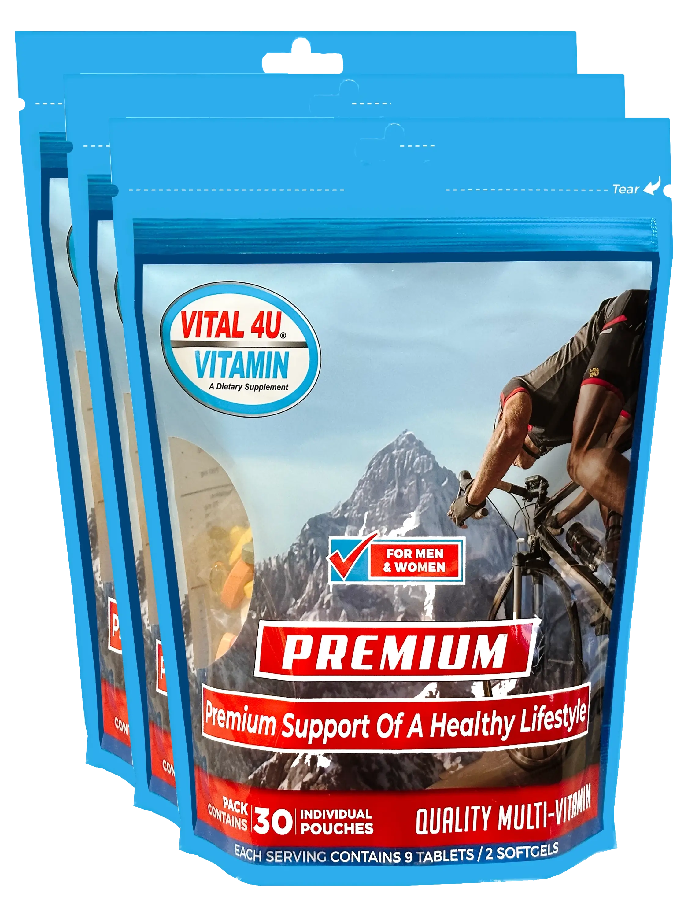 Three packages of Vital 4U Premium Vitamins containing 30 pouches each.