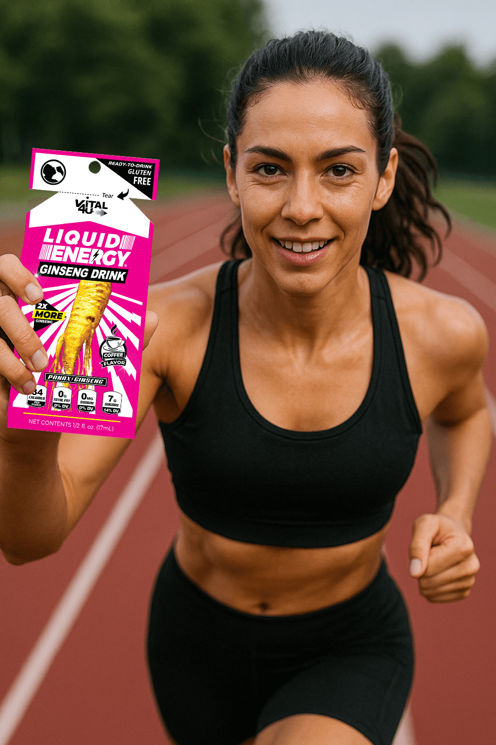Woman in workout clothes running with a pouch of coffee flavored Liquid Energy.