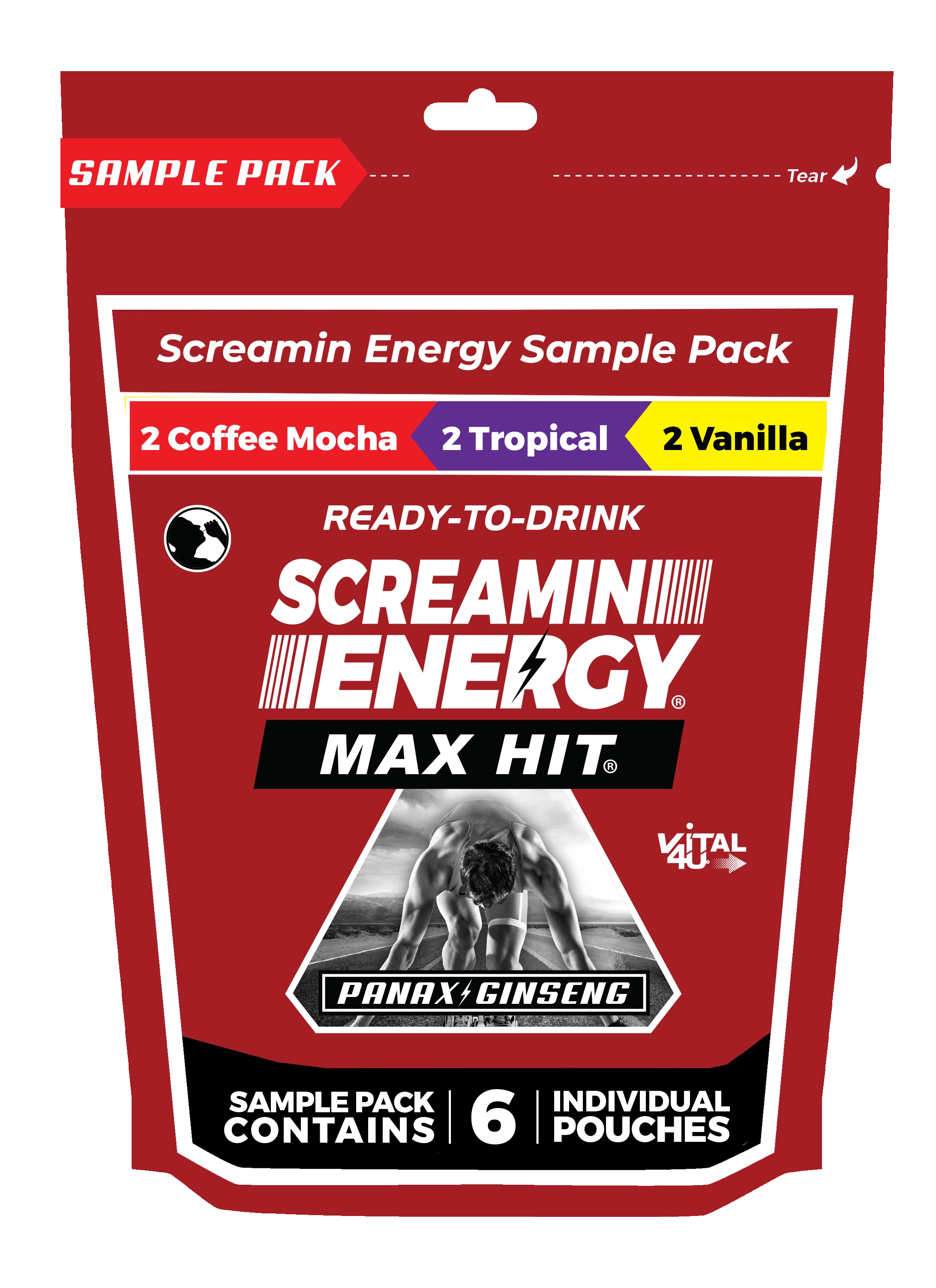 Screamin Energy Max Hit energy shot sample pack bag containing two Coffee Mocha, 2 Tropical, and 2 Vanilla energy pouches.