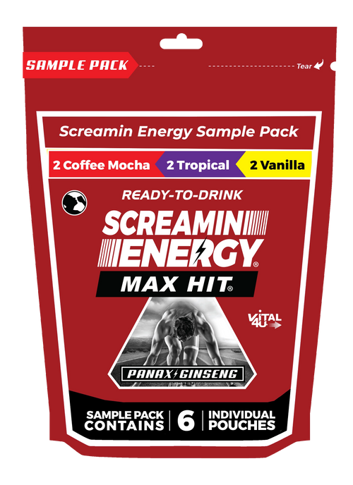 Screamin Energy Max Hit energy shot sample pack bag containing two Coffee Mocha, 2 Tropical, and 2 Vanilla energy pouches.