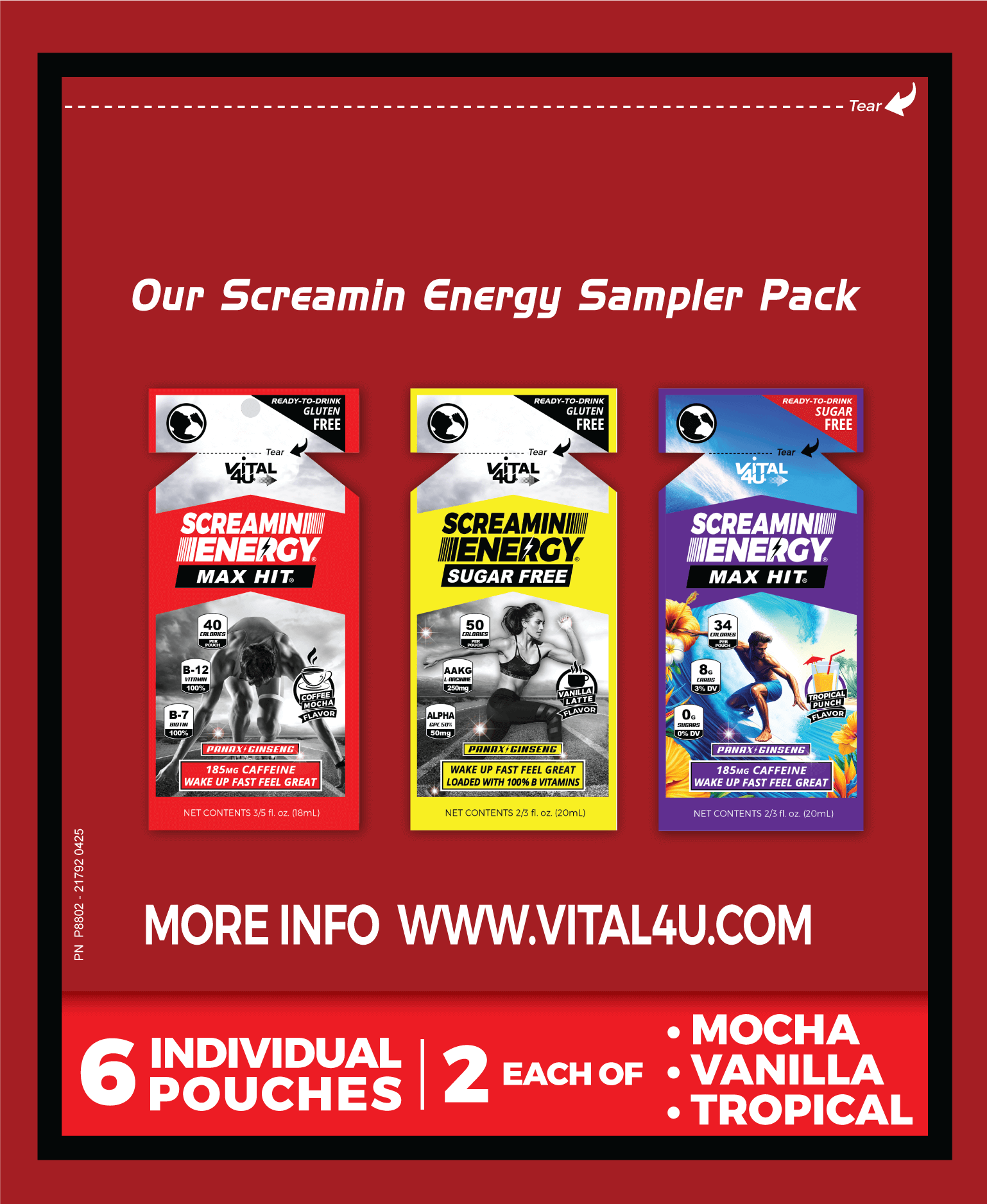 Screamin Energy Sampler Pack back label with three energy pouches: mocha, vanilla, and tropical.