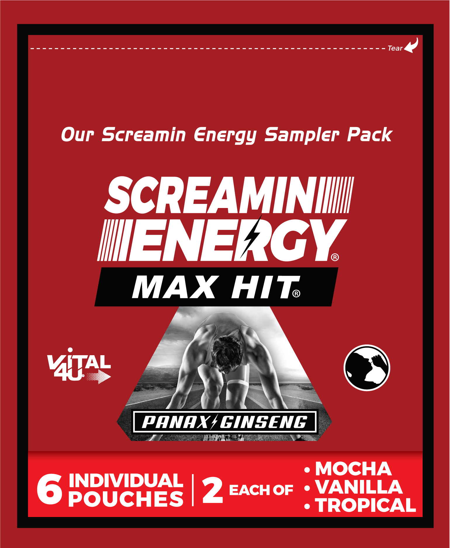 Screamin' Energy Max Hit energy shot sampler pack on a red background.