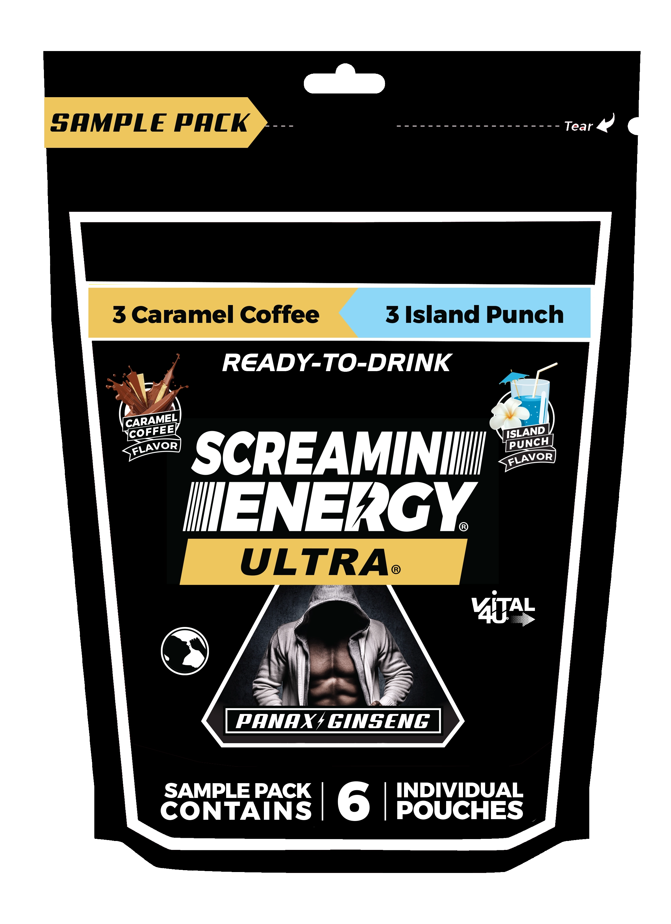 Screaming Energy Ultra energy drink sample pack containing three caramel coffee and three island punch flavors.