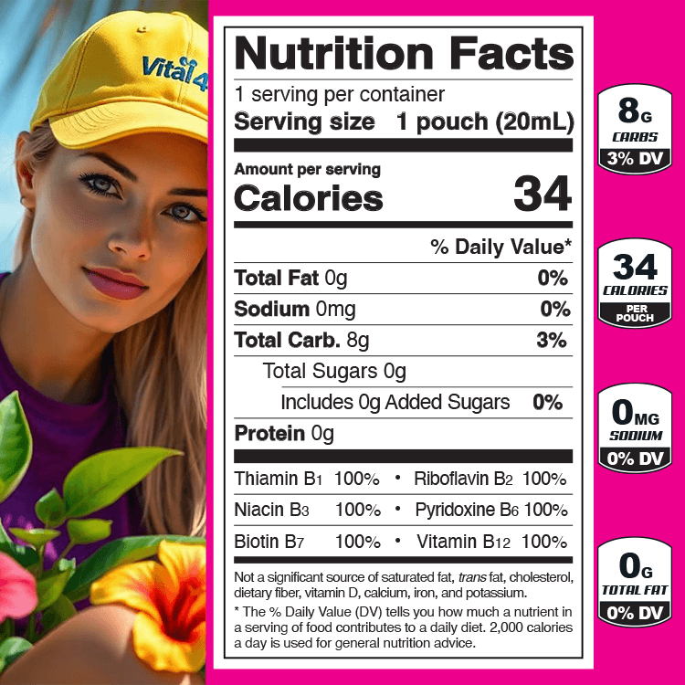Screamin Energy Max Hit energy shot nutrition facts on a hot pink background next to a woman wearing a yellow hat with blue embroidery that says Vital 4U.