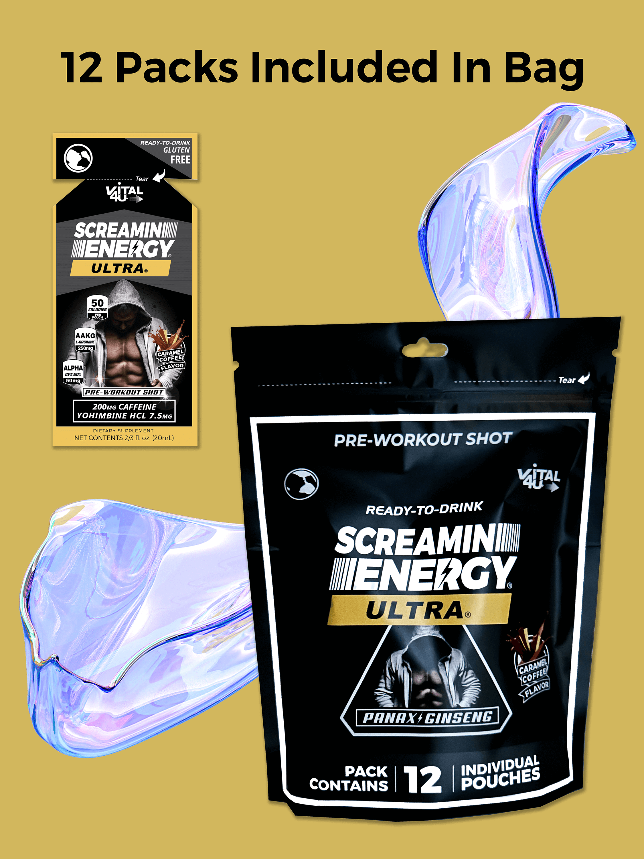 A Screamin Energy Ultra pre-workout shot displayed separately from its package containing 12 individual pouches.