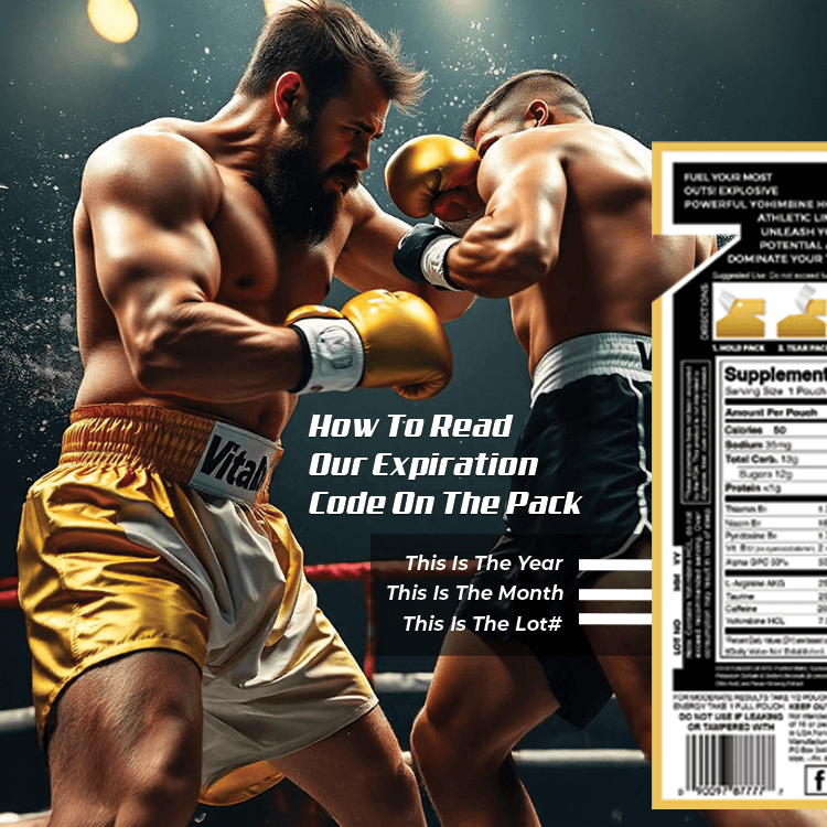 Two boxers, one with the Vital 4U logo on his shorts, next to the Screamin Energy Ultra supplements facts label and a graphic explaining how to read the expiration date.
