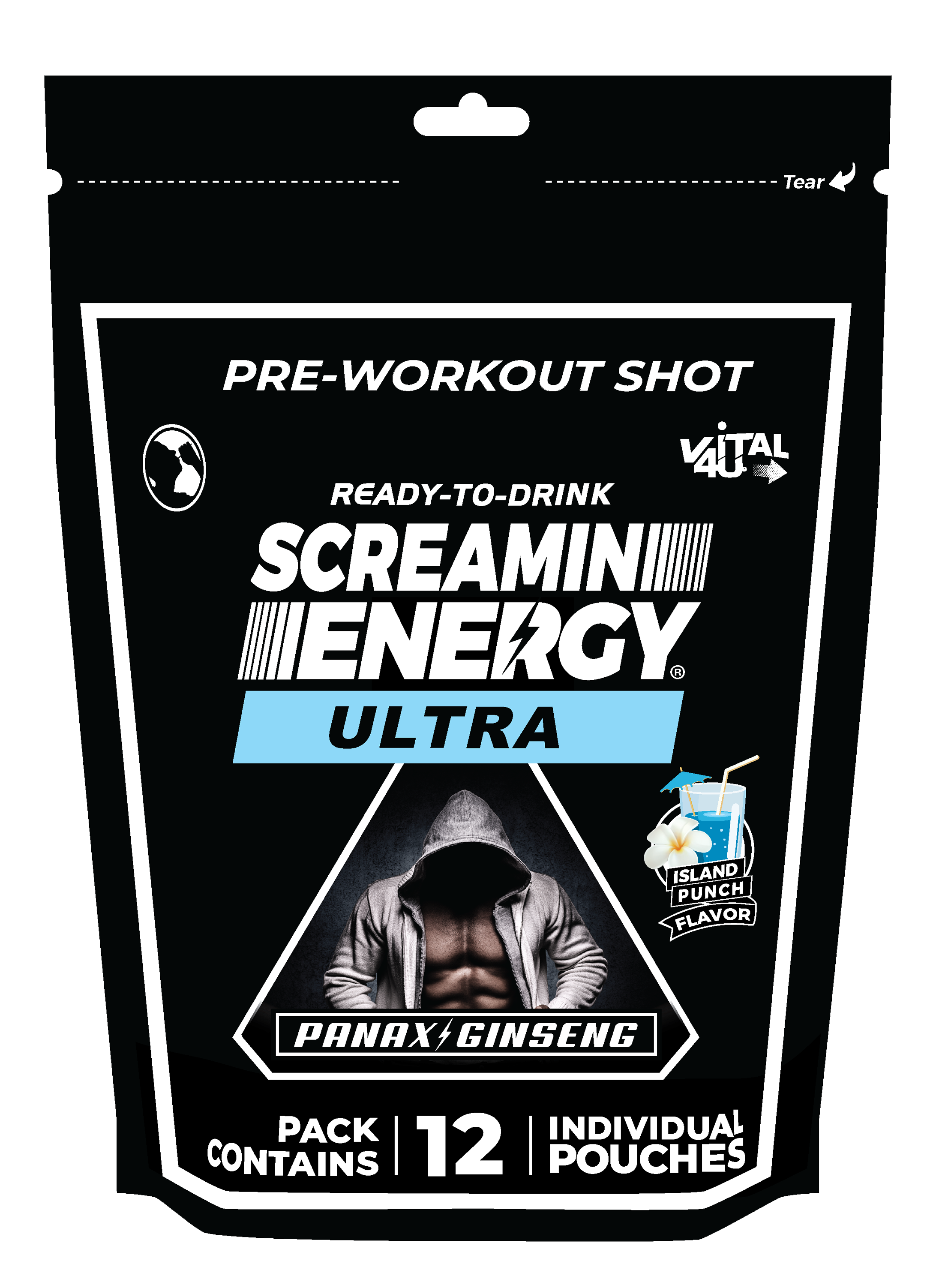 One black bag containing 12 pouches of Screamin Energy Ultra Island Punch Pre-Workout Shots.