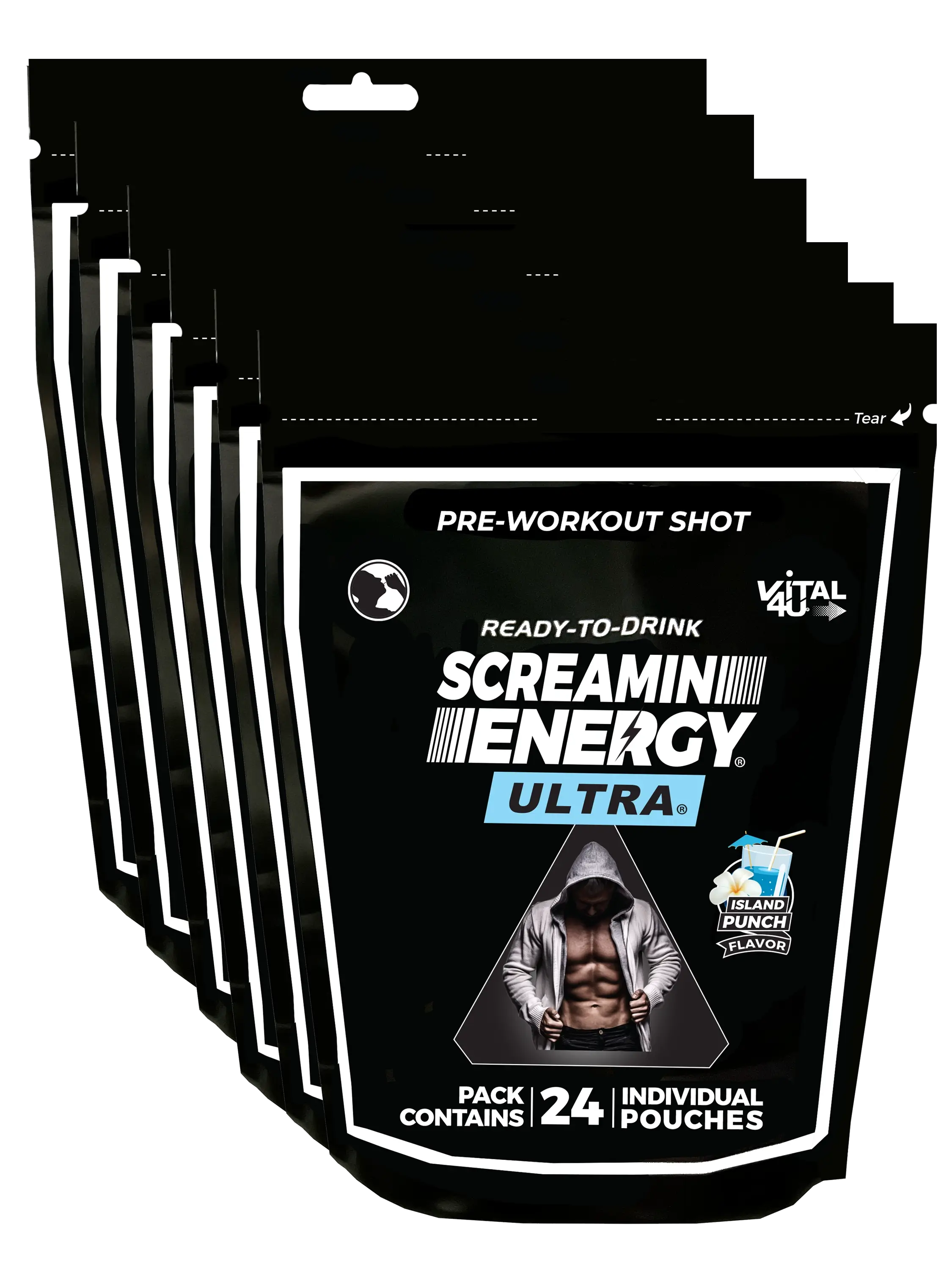 Six black bags containing 24 pouches each of Screamin Energy Ultra Island Punch Pre-Workout Shots.