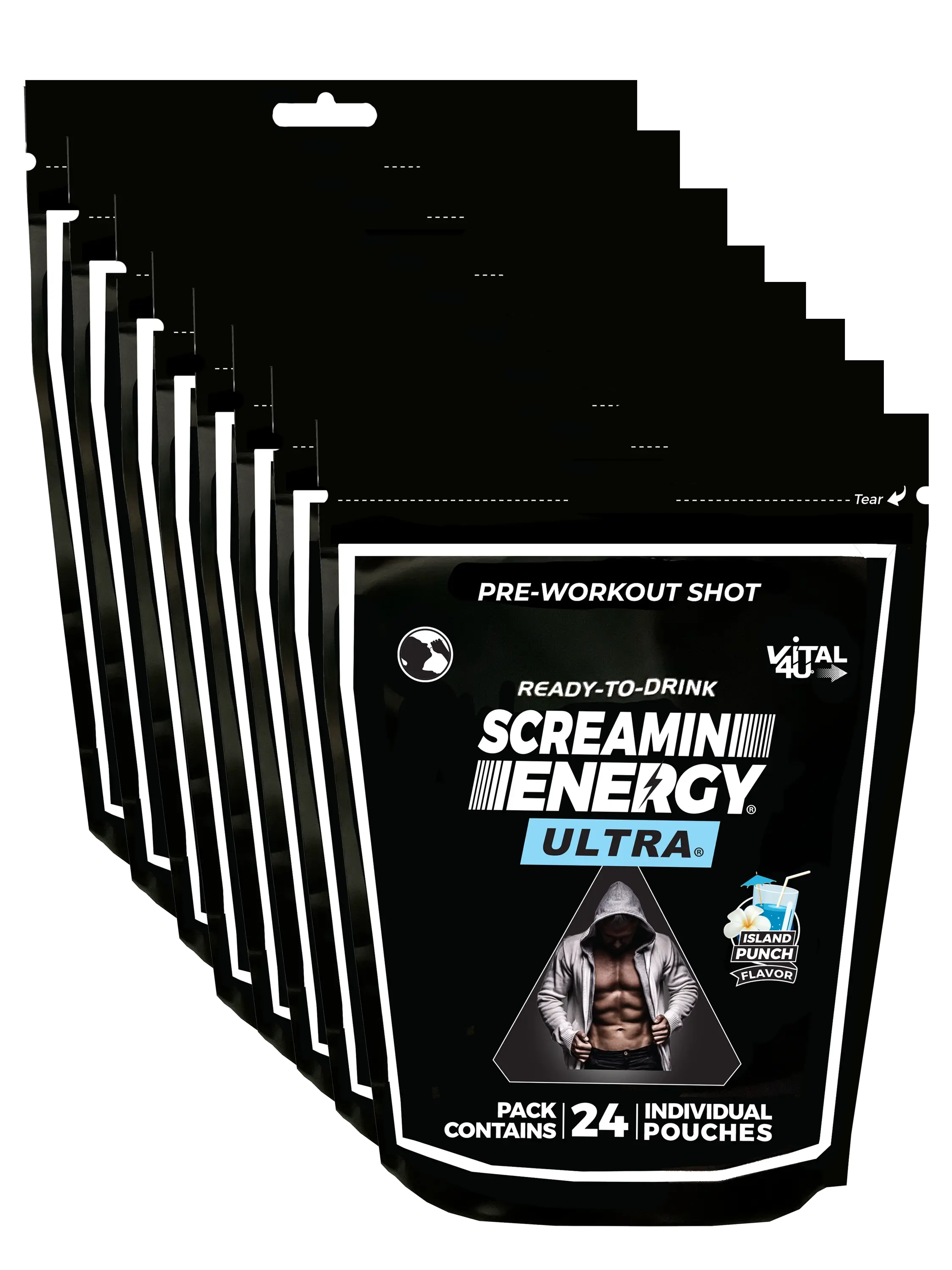 Eight black bags containing 24 pouches each of Screamin Energy Ultra Island Punch Pre-Workout Shots.