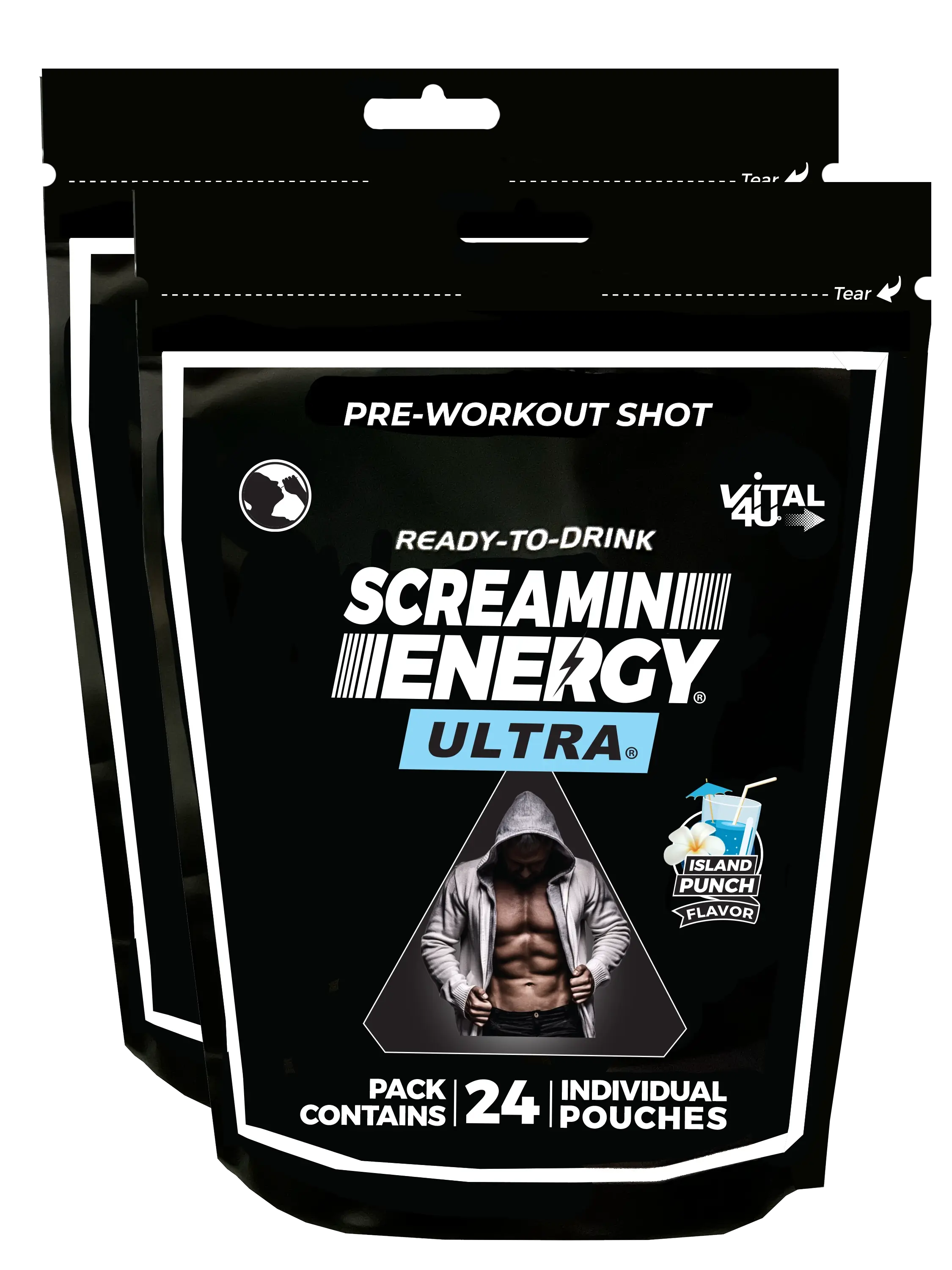 Two black bags containing 24 pouches each of Screamin Energy Ultra Island Punch Pre-Workout Shots.