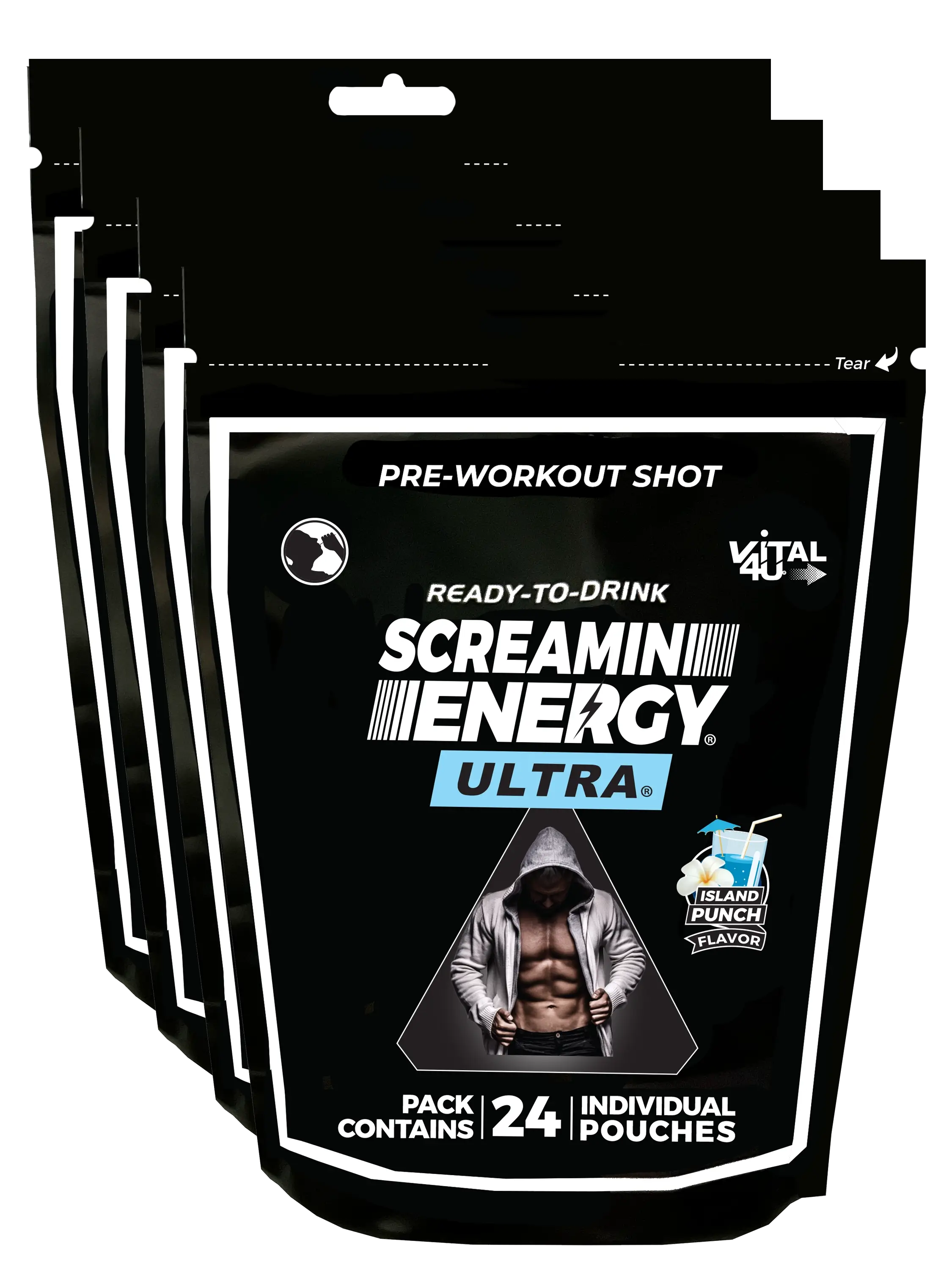 Four black bags containing 24 pouches each of Screamin Energy Ultra Island Punch Pre-Workout Shots.
