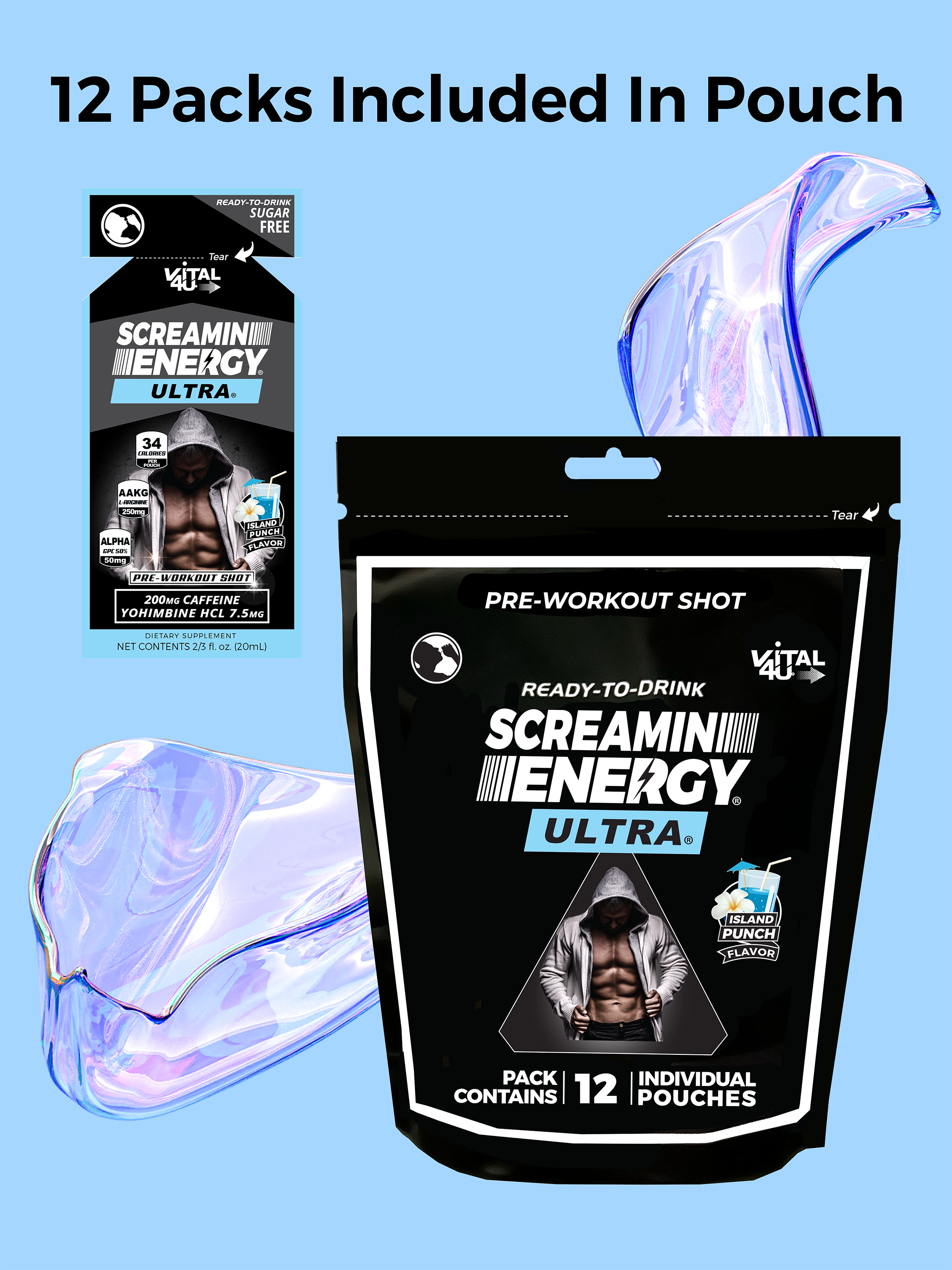 A Screamin Energy Ultra Island Punch pre-workout shot pouch and packaging.