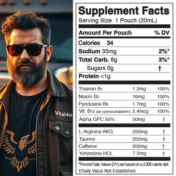 Man wearing a Vital 4U embroidered jacket next to the Vital 4U Screamin Energy Ultra sample pack supplement facts.
