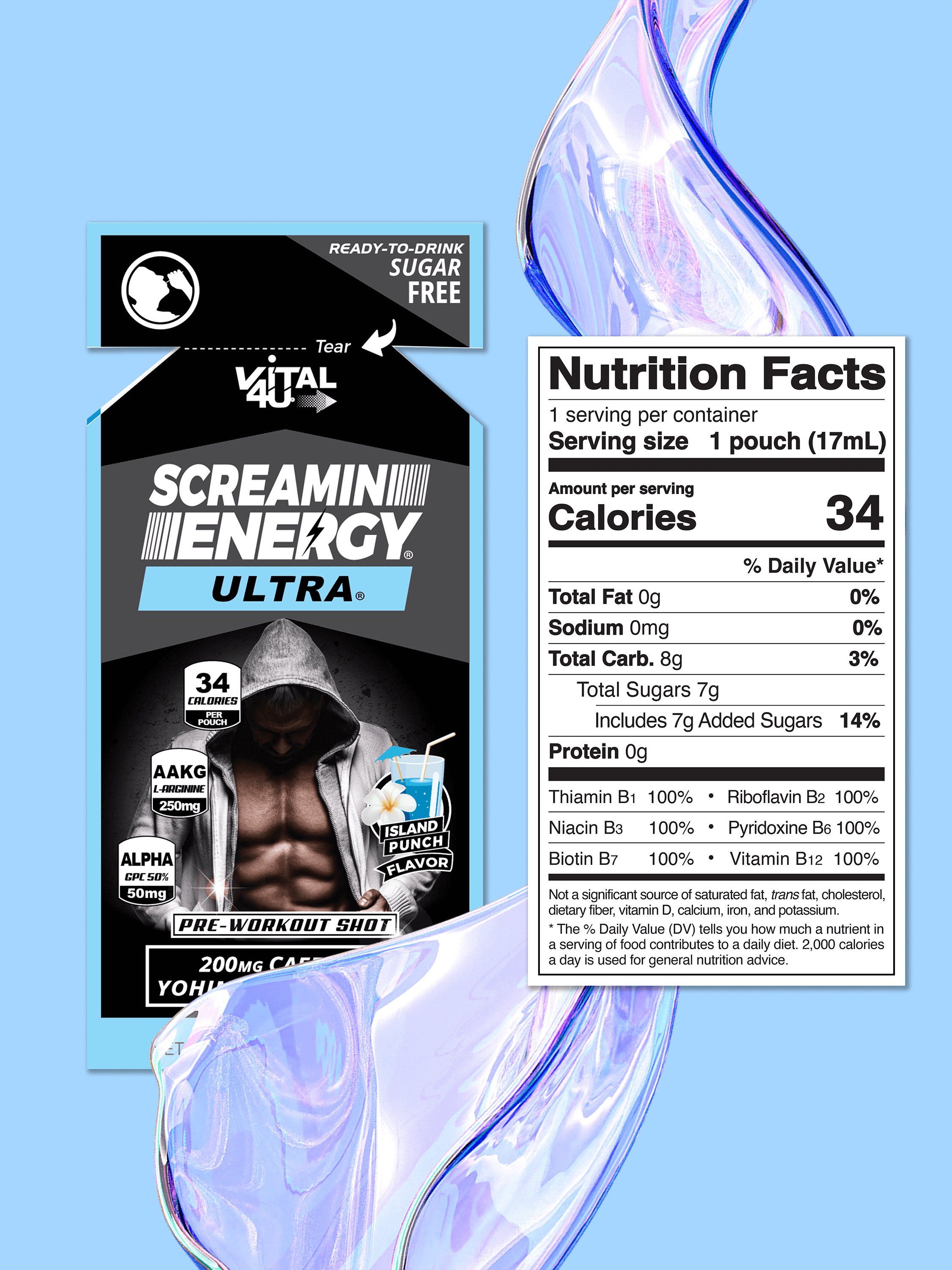 Screamin Energy Island Punch Flavored energy shot label with man in hoodie graphic next to its supplement facts.