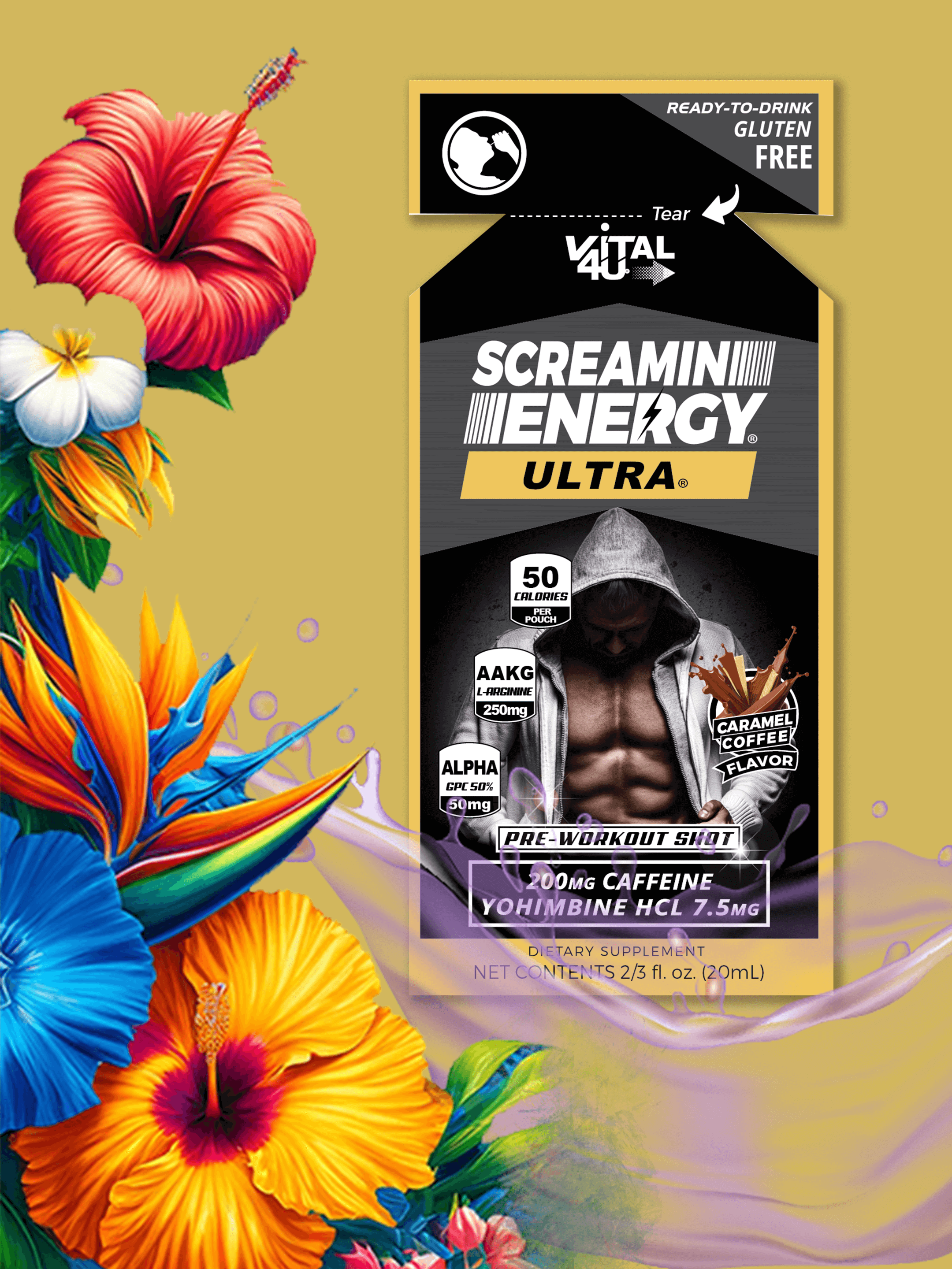 Vital 4U Screamin Energy Ultra Pre-Workout Shot front label on a yellow background with tropical flowers.