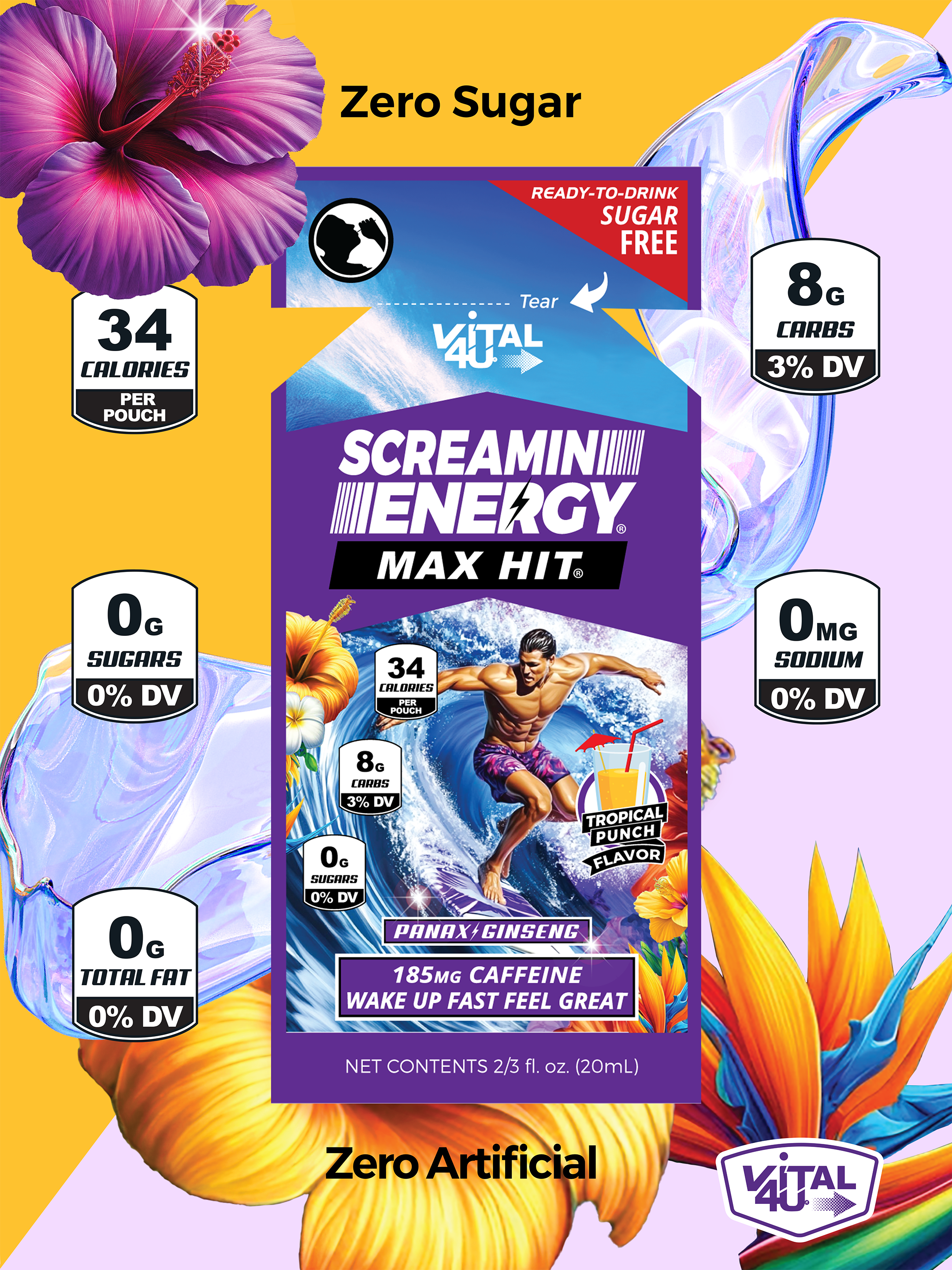 Screamin Energy Max Hit energy shot pouch shown next to bubble-style graphics displaying nutrition facts.