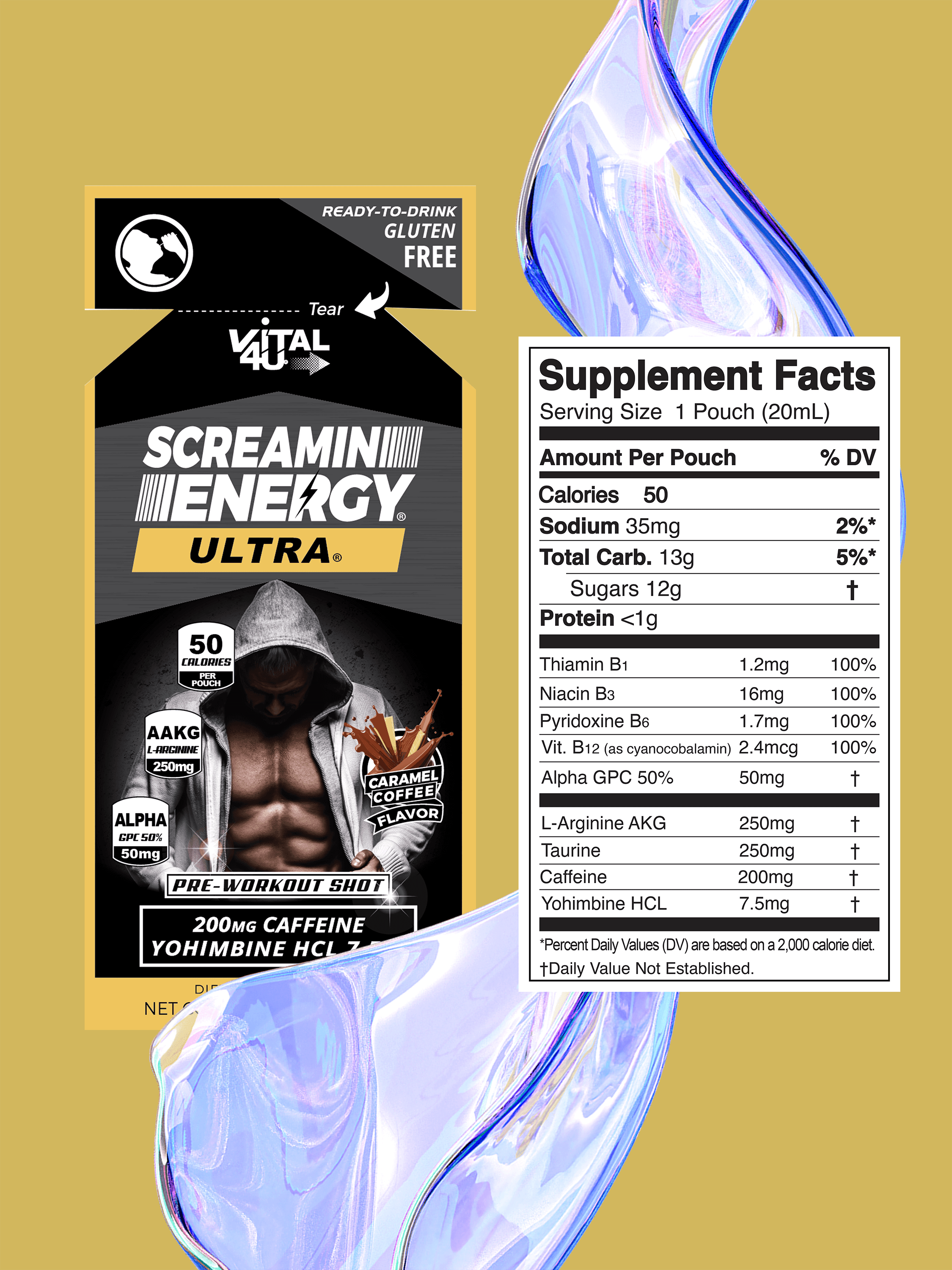 Vital 4U Screamin Energy Ultra pre-workout packaging with supplement facts label on a gold background.