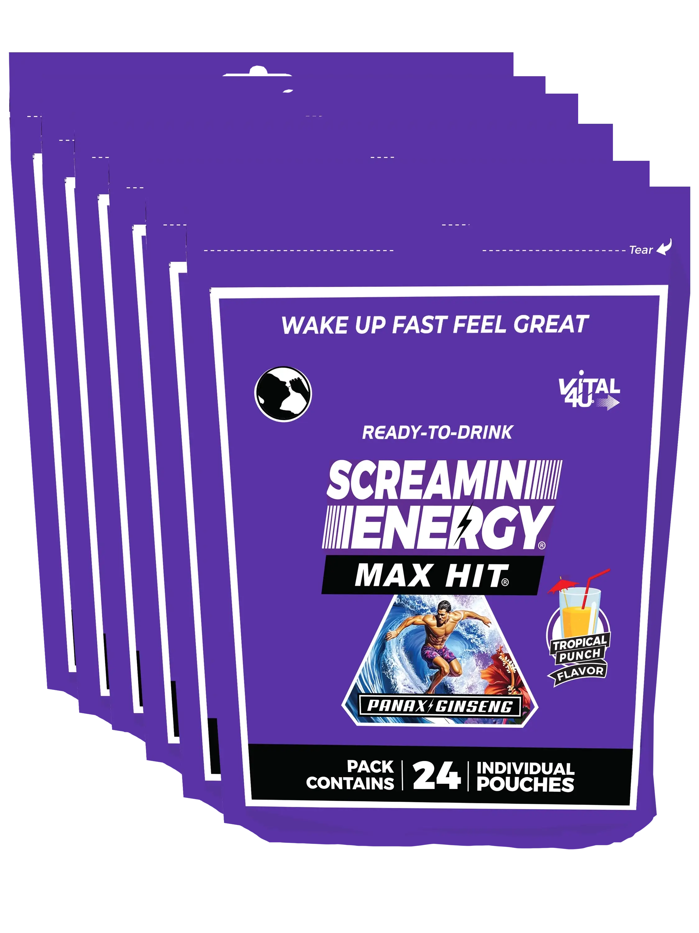 Six purple bags containing 24 pouches each of Vital 4U Screamin Energy Tropical Punch flavored energy shots.