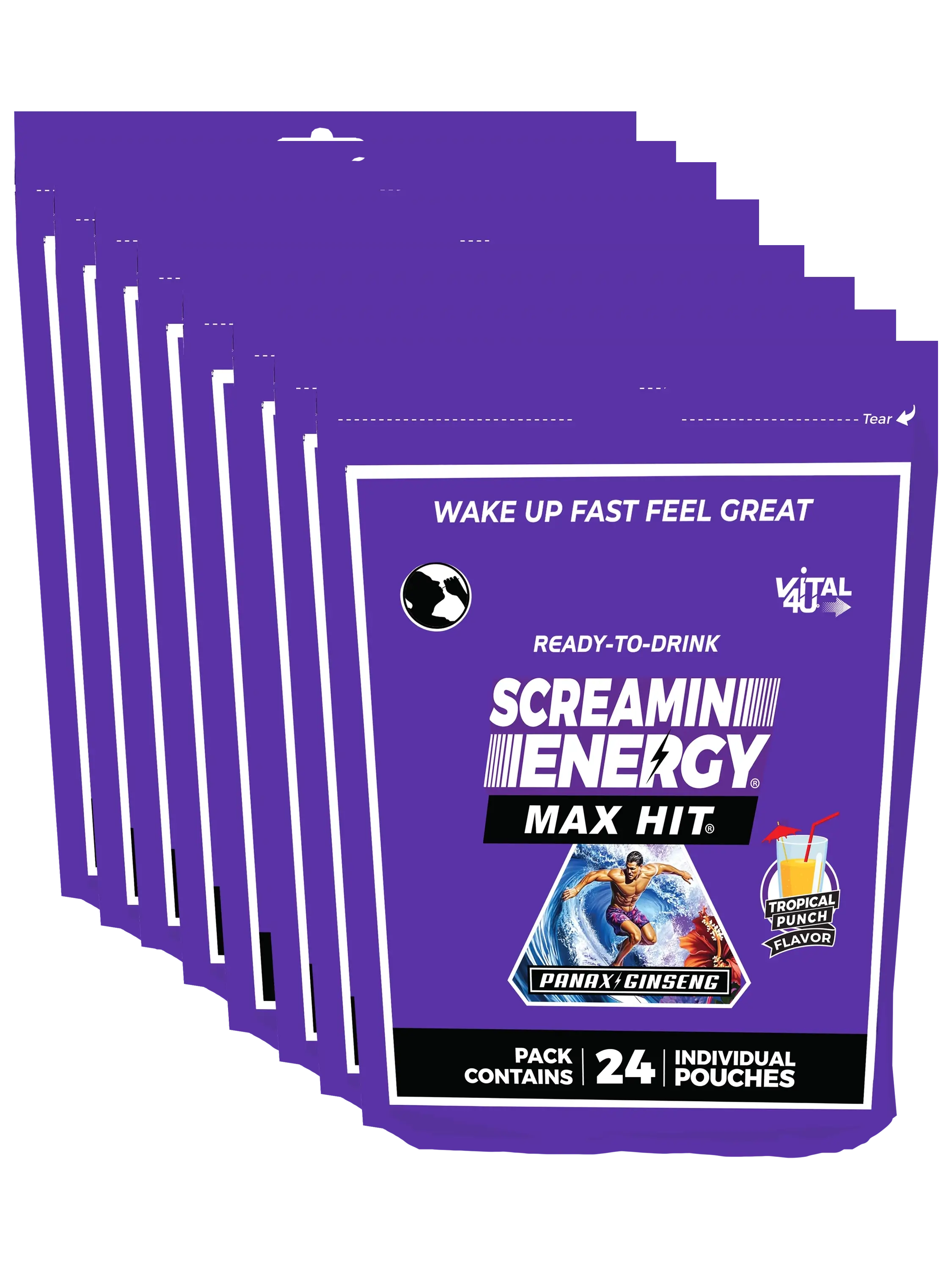 Eight purple bags containing 24 pouches each of Vital 4U Screamin Energy Tropical Punch flavored energy shots.