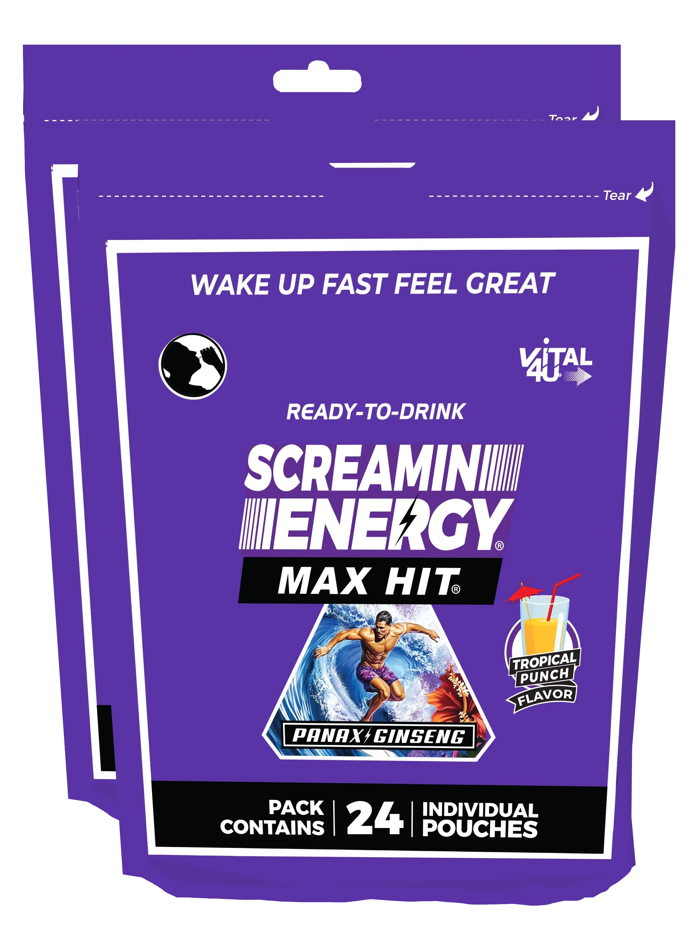 Two purple bags containing 24 pouches each of Vital 4U Screamin Energy Tropical Punch flavored energy shots.