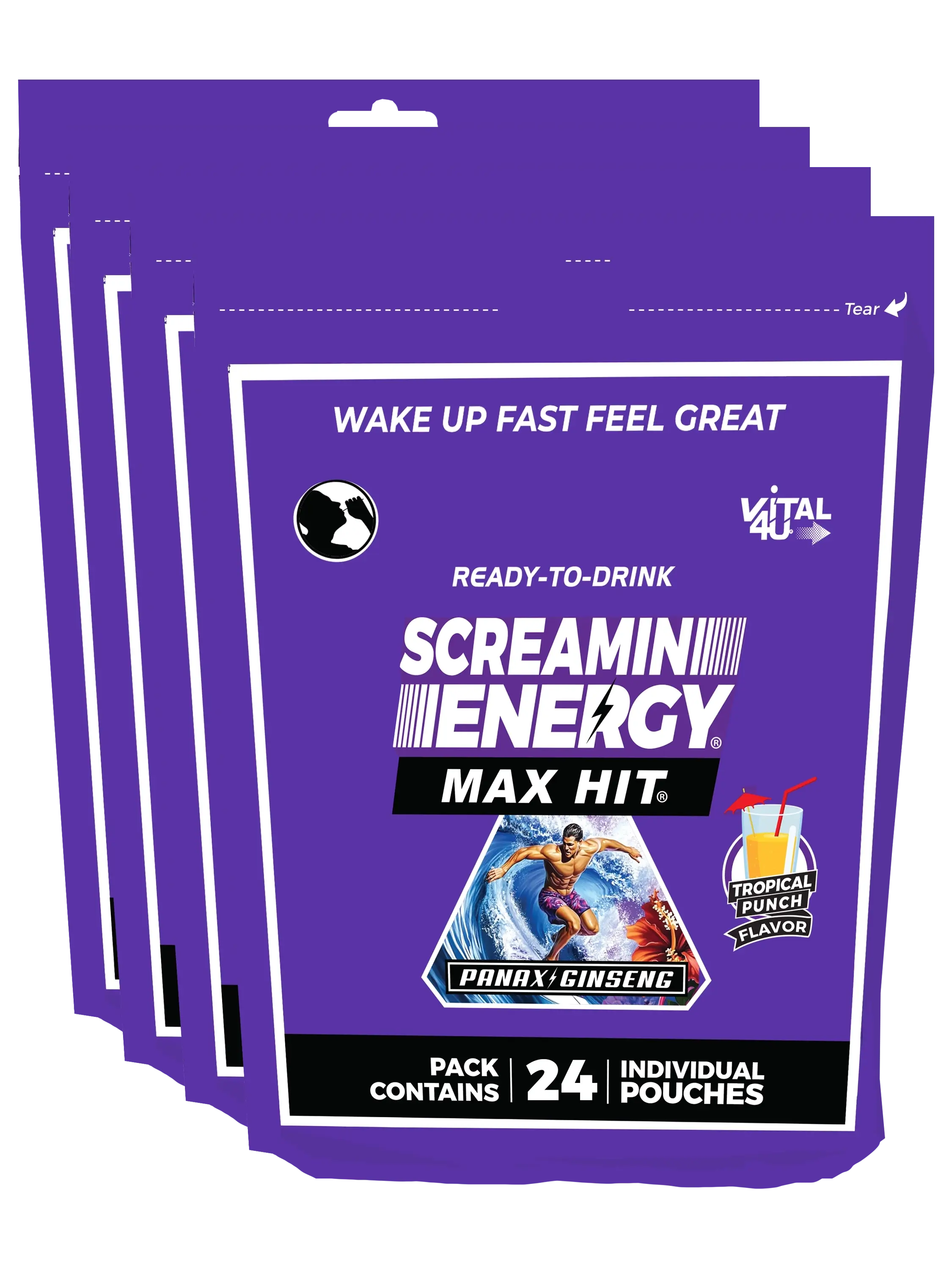 Four purple bags containing 24 pouches each of Vital 4U Screamin Energy Tropical Punch flavored energy shots.