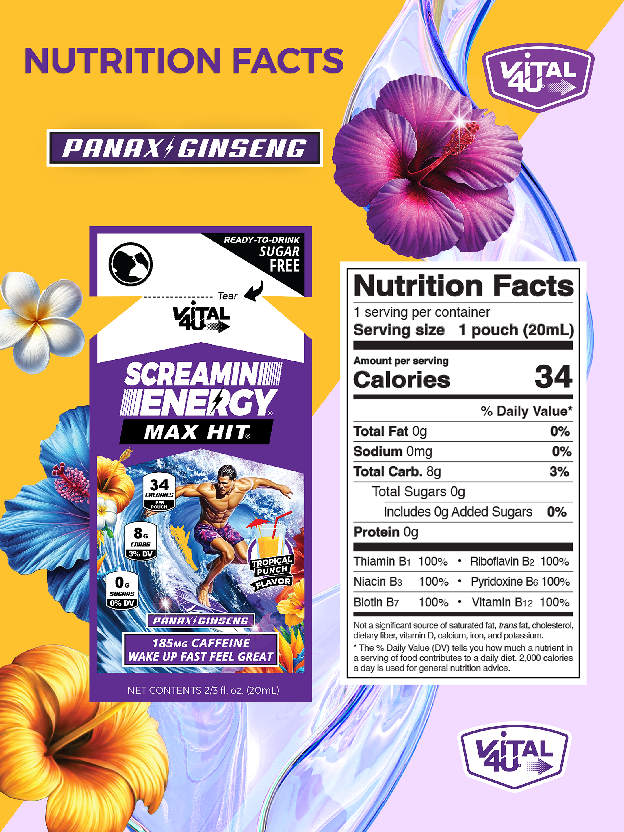 Front label and back nutrition facts of a Screamin Energy Tropical Punch flavor energy shot pouch.