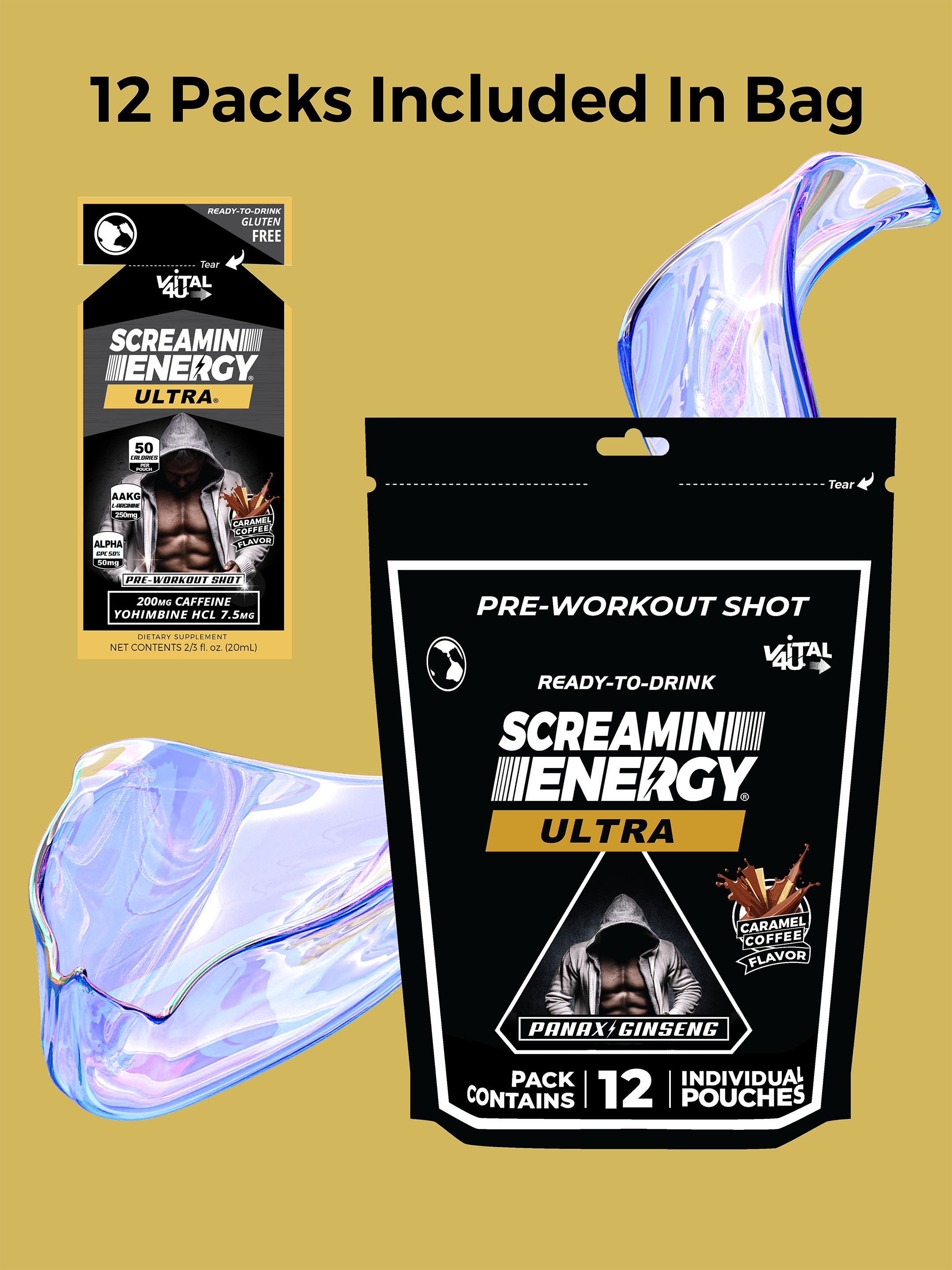 Screamin Energy Ultra pre-workout shot packaging with a black bag on a gold background.