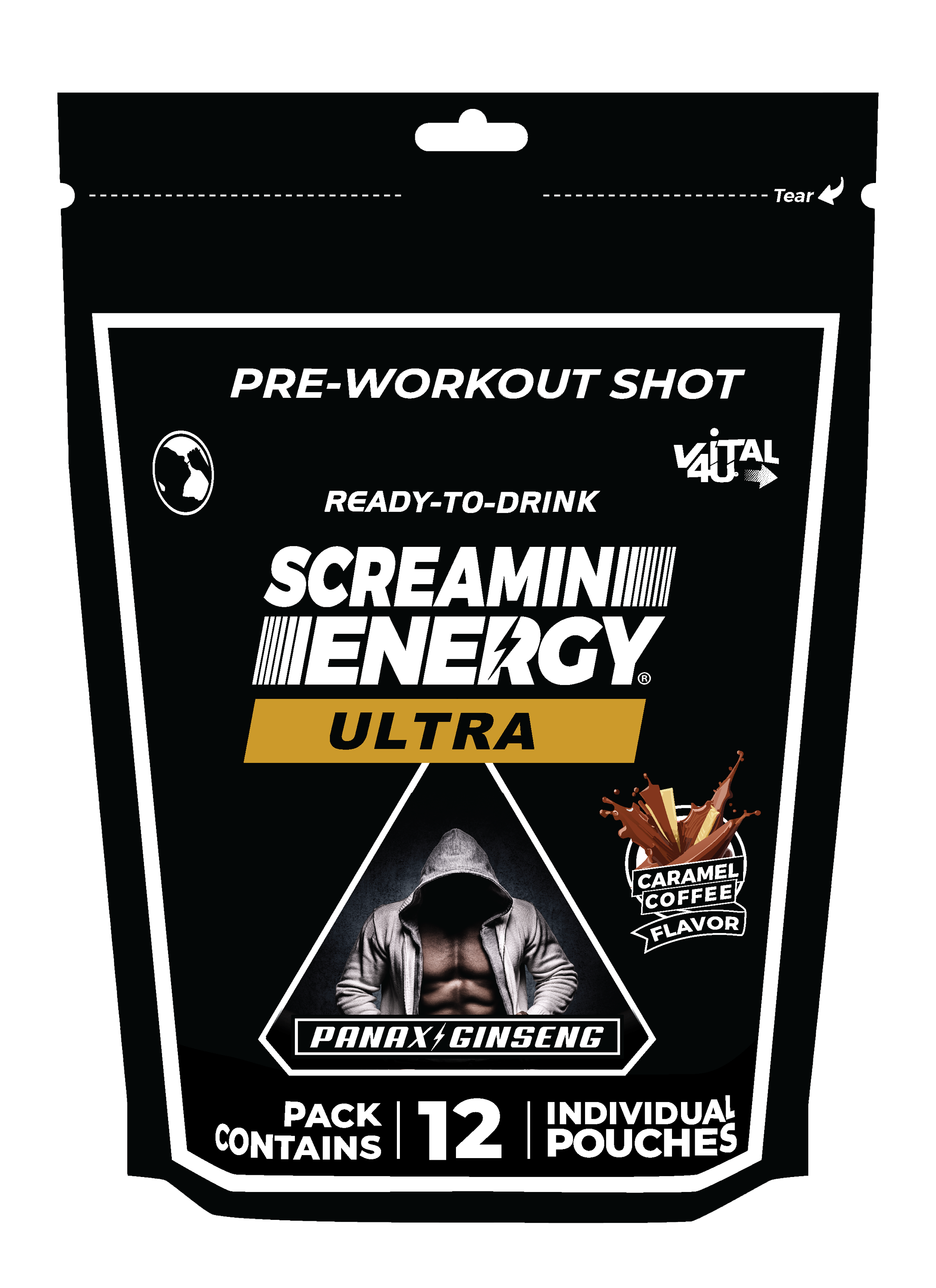 Caramel Coffee Flavor Screamin Energy Ultra pre-workout shot packaging with branding and product details.