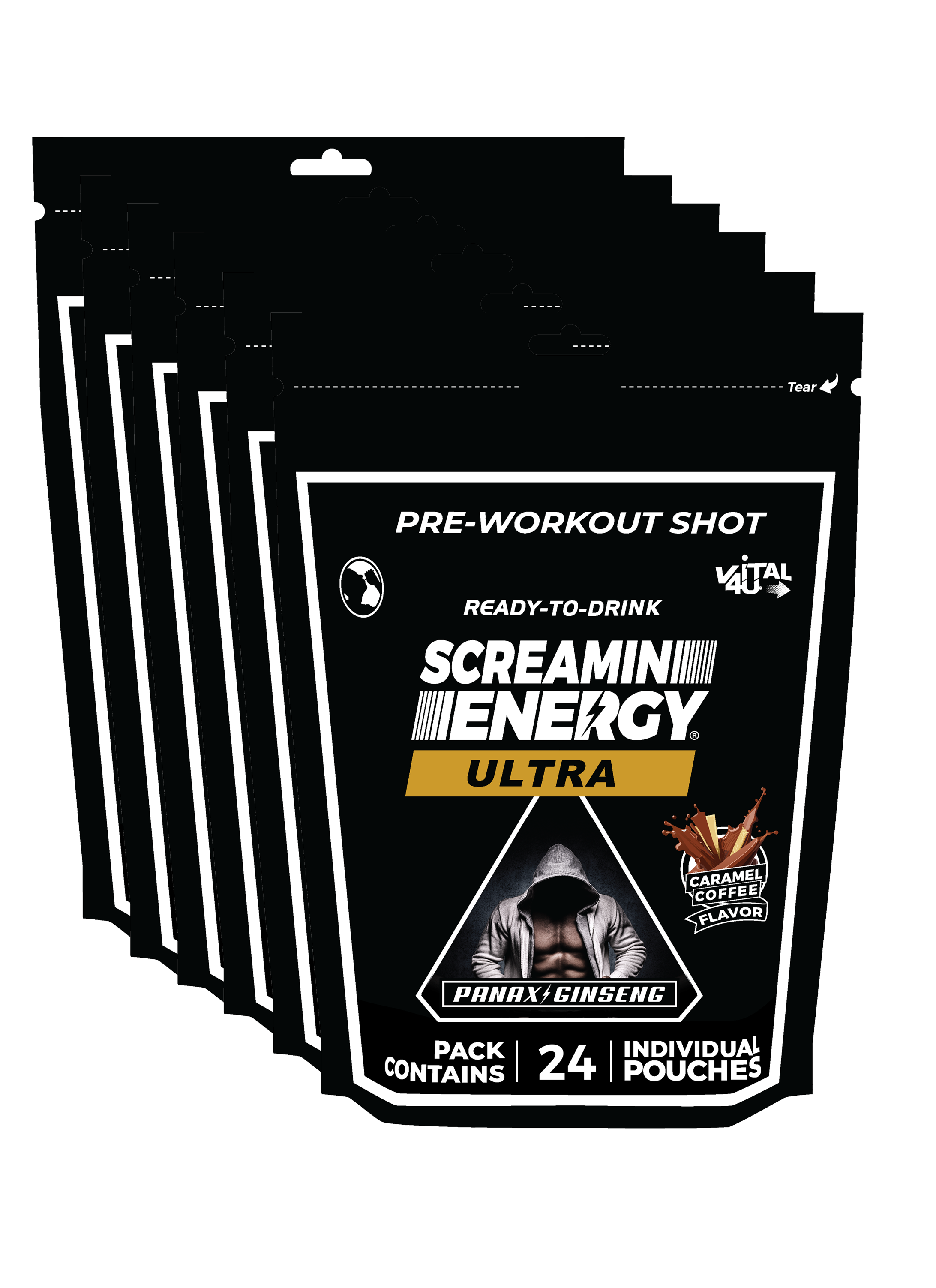Six black bags containing 24 pouches each of Caramel Coffee Flavored pre-workout shots.