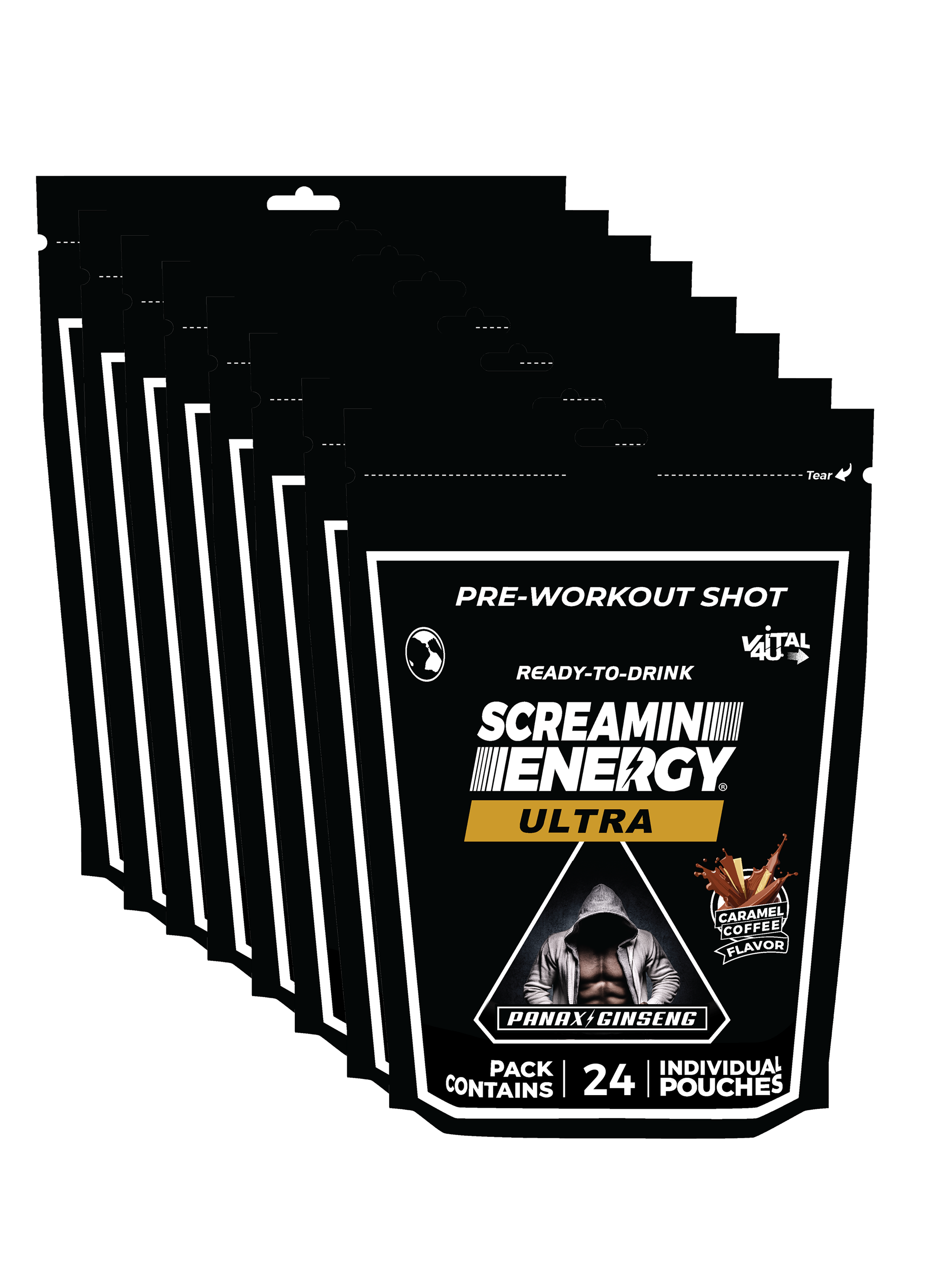 Eight black bags containing 24 pouches each of Caramel Coffee Flavored pre-workout shots.