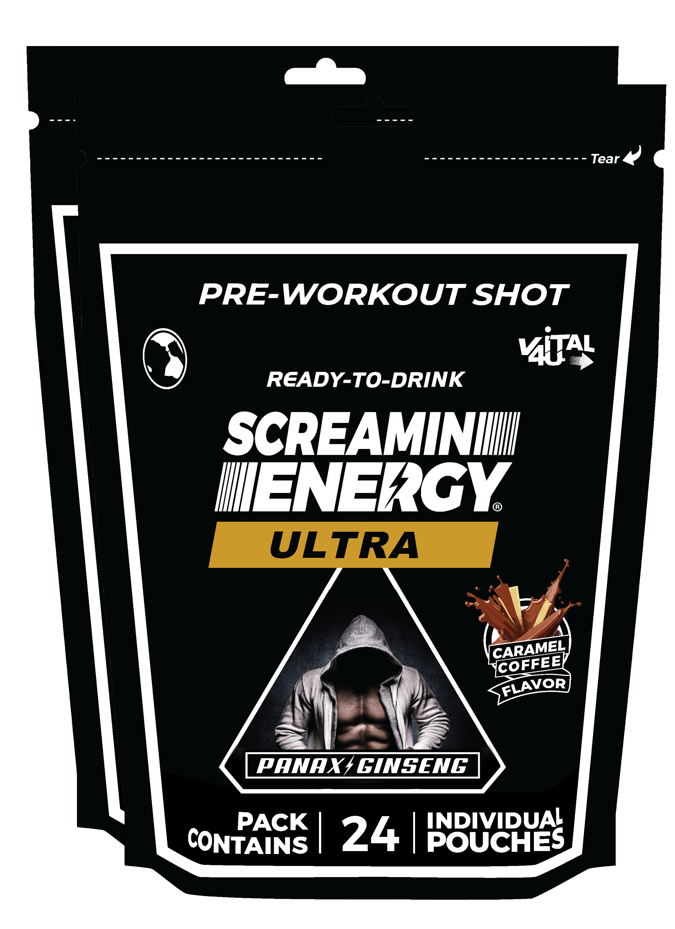 Two black bags containing 24 pouches each of Caramel Coffee Flavored pre-workout shots.
